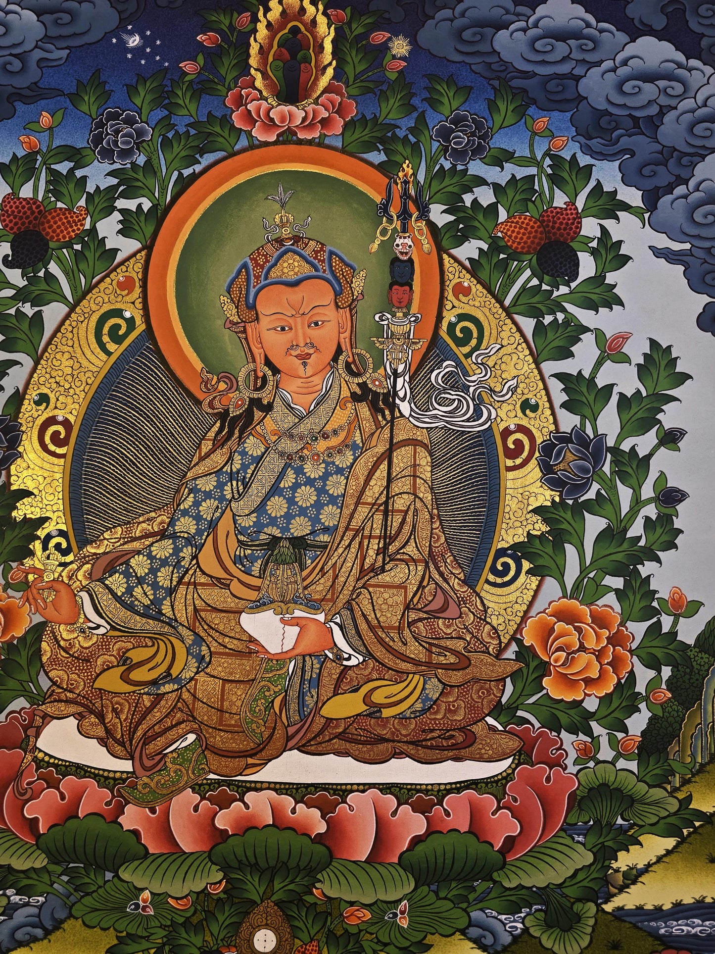 Hand-Painted Guru Rinpoche Thangka | Padmasambhava Masterpiece | Gold Tibetan Compassion Meditation Art | Authentic Nepalese Painting