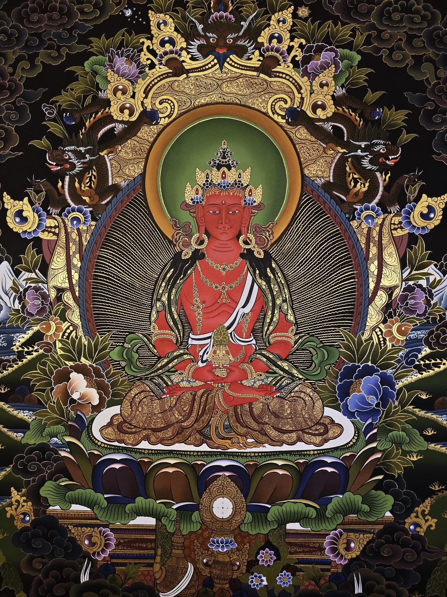Hand-Painted Amitayus Buddha Thangka | Tibetan Gold Buddhist Art