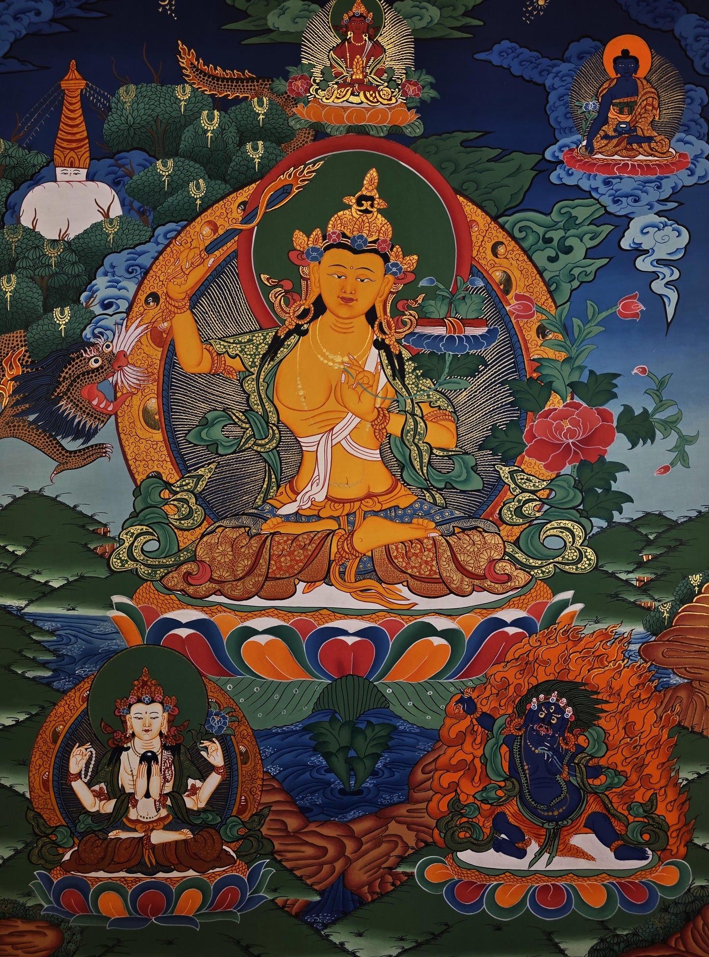 Hand-Painted Manjushri Thangka | Tibetan Buddhist Wall Art
