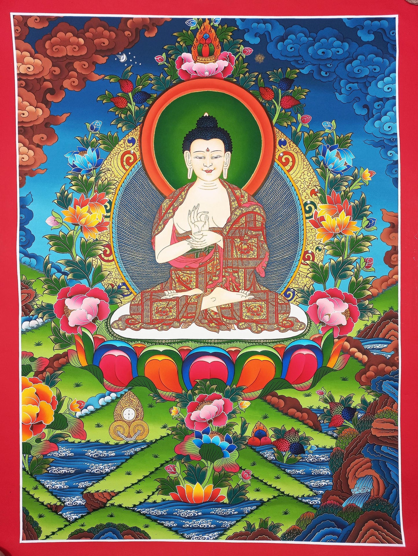 Vairocana Buddha Thangka | Hand-Painted Gold Tibetan Buddhist Art