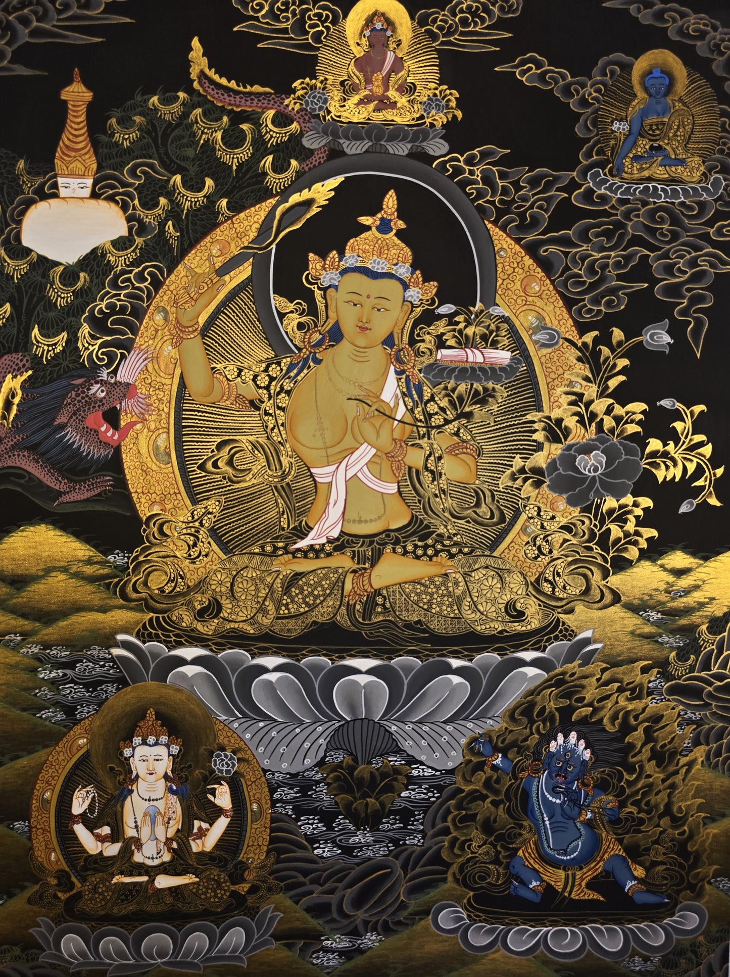 Hand-Painted Manjushri Thangka | Tibetan Buddhist Art | Wisdom Bodhisattva | Spiritual Decor |  Gift for Meditation & Mindfulness