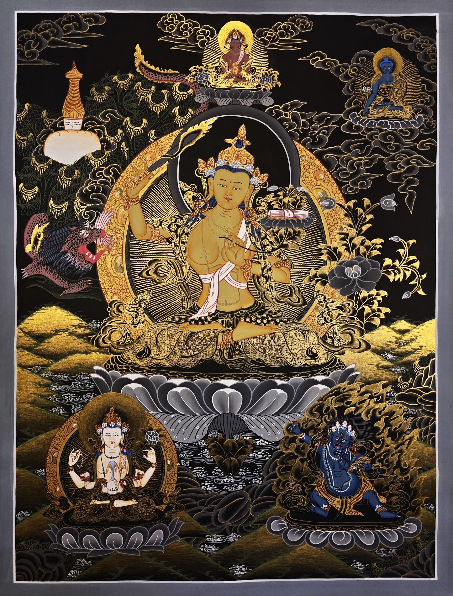 Hand-Painted Manjushri Thangka | Tibetan Buddhist Art | Wisdom Bodhisattva | Spiritual Decor |  Gift for Meditation & Mindfulness