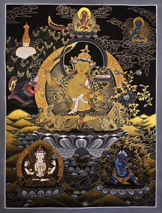 Hand-Painted Manjushri Thangka | Tibetan Buddhist Art | Wisdom Bodhisattva | Spiritual Decor |  Gift for Meditation & Mindfulness