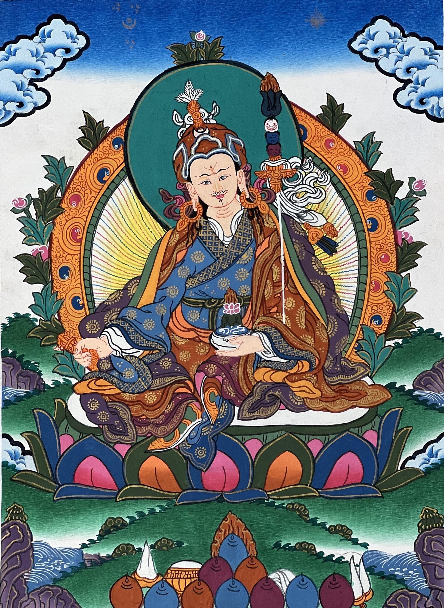 Hand-Painted Guru Rinpoche Thangka | Silk Brocade, Tibetan Buddhist Art