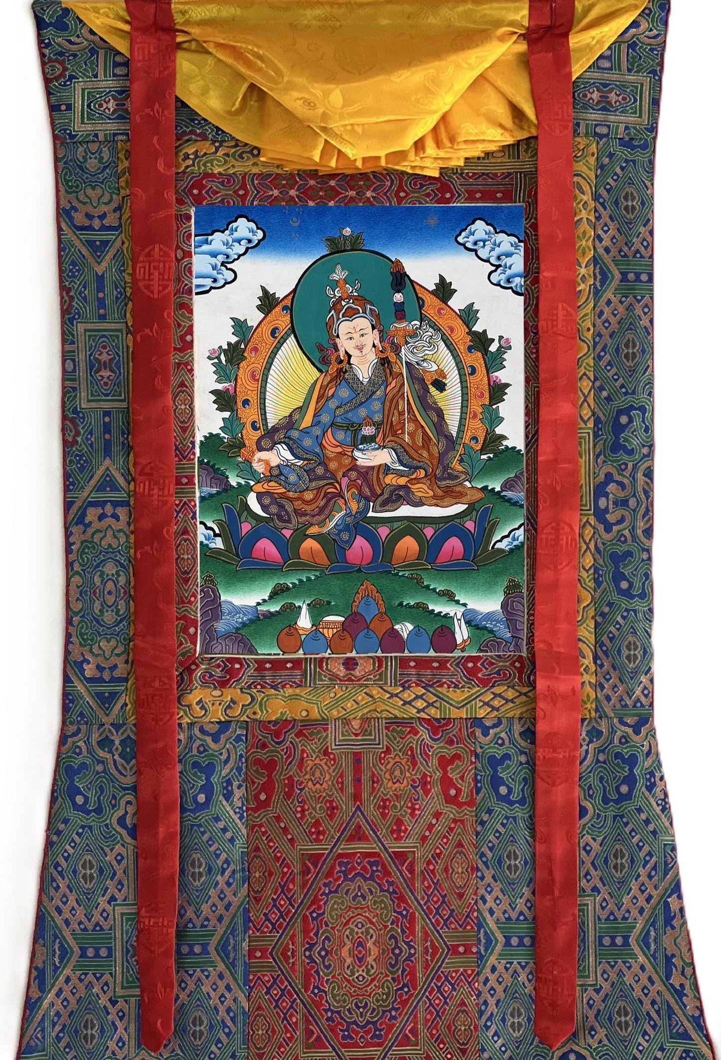 Hand-Painted Guru Rinpoche Thangka | Silk Brocade, Tibetan Buddhist Art