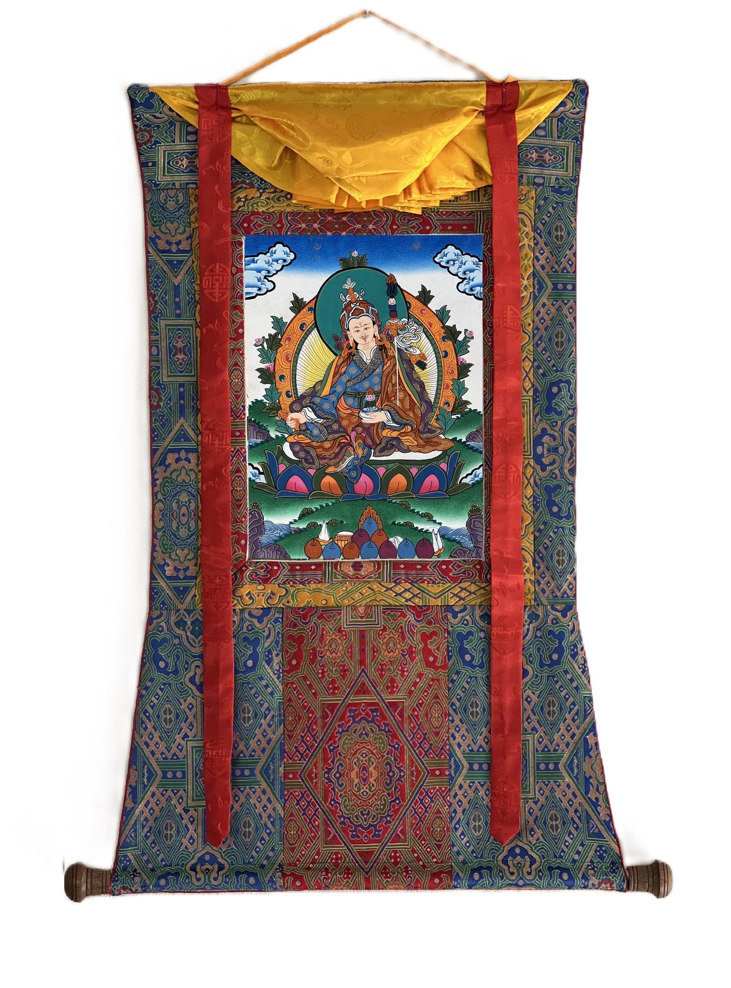 Hand-Painted Guru Rinpoche Thangka | Silk Brocade, Tibetan Buddhist Art