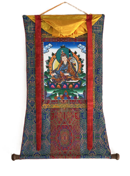 Hand-Painted Guru Rinpoche Thangka | Silk Brocade, Tibetan Buddhist Art
