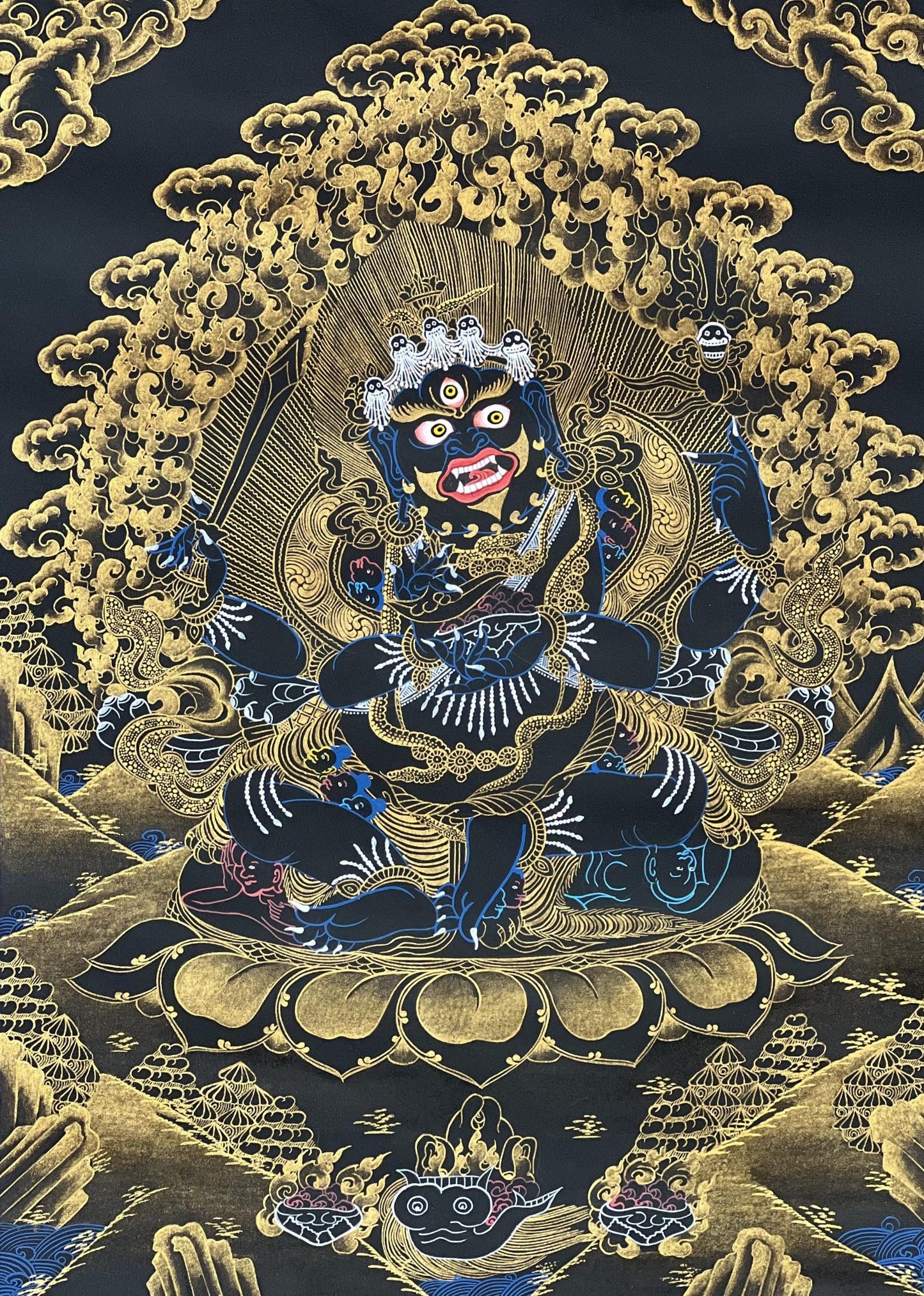 Hand-Painted Mahakala Thangka | Black & Gold Tibetan Buddhist Art