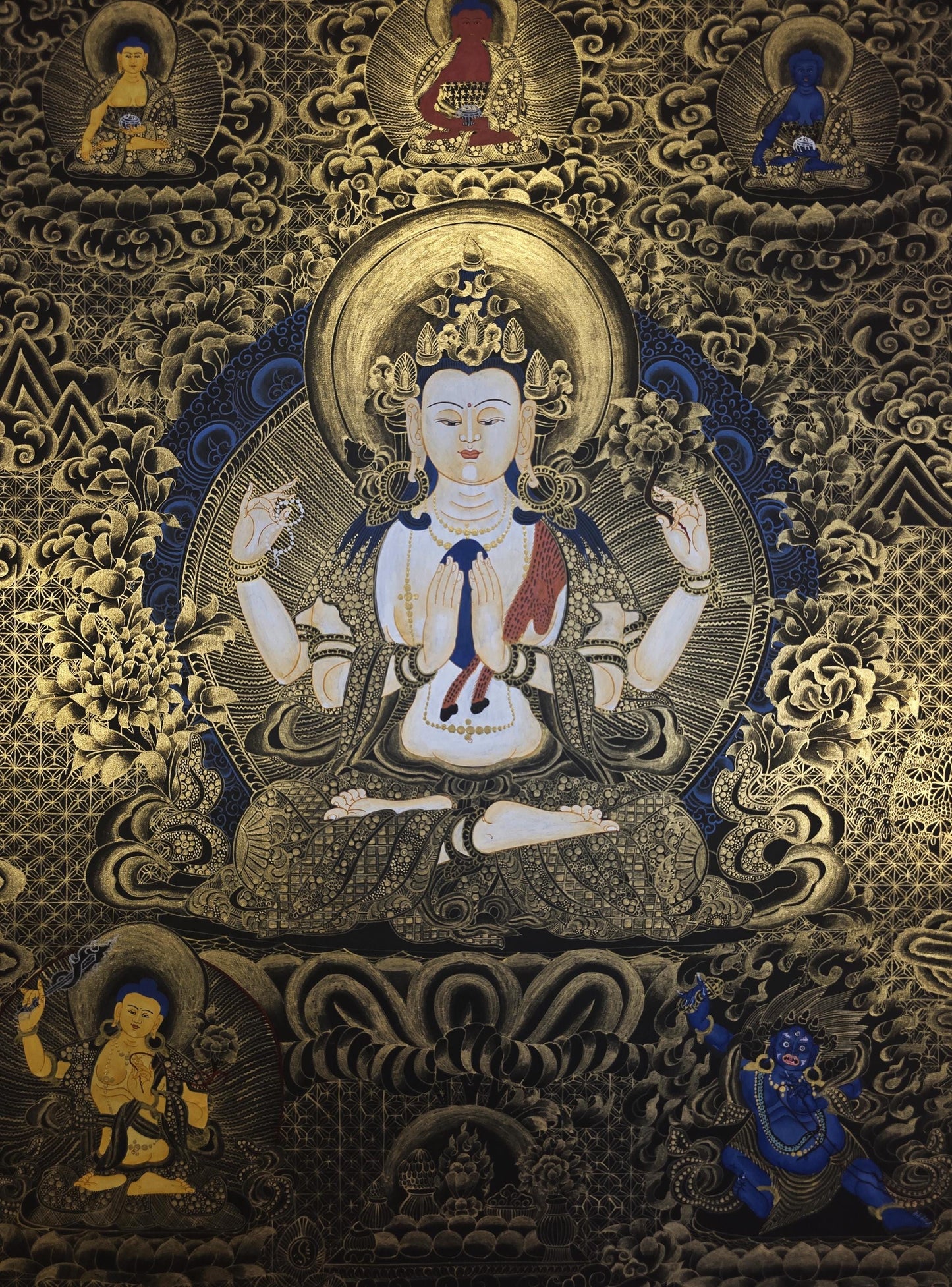 Original Hand-Painted Chenrezig Thangka | Avalokiteshvara Bodhisattva of Compassion | Tibetan Meditation Wall Art from Nepal