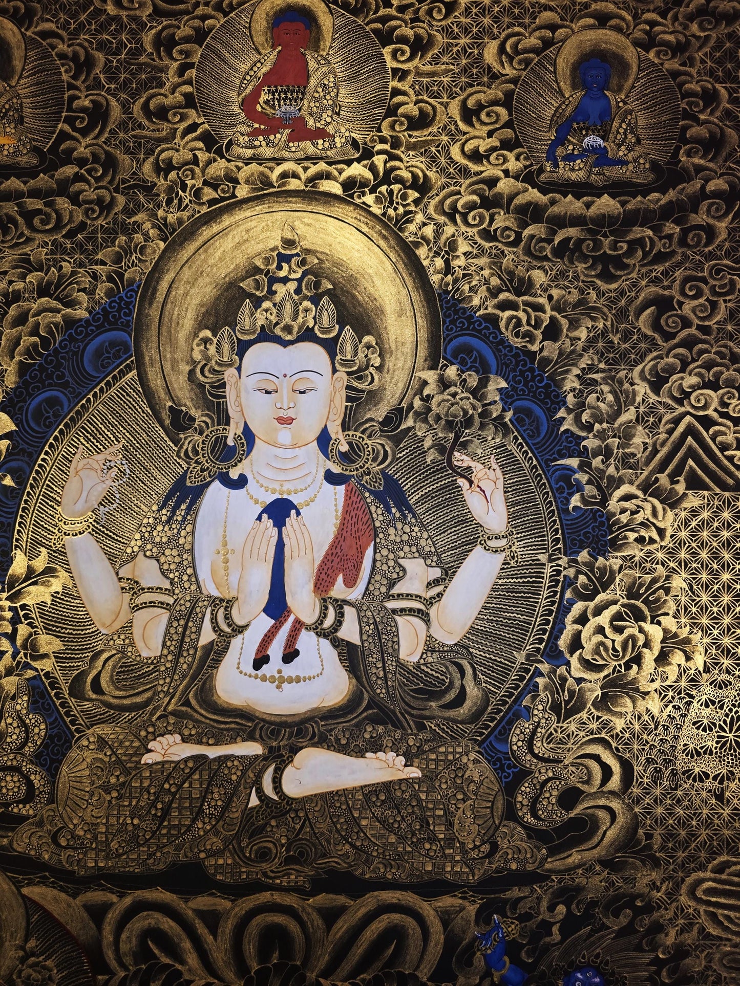 Original Hand-Painted Chenrezig Thangka | Avalokiteshvara Bodhisattva of Compassion | Tibetan Meditation Wall Art from Nepal