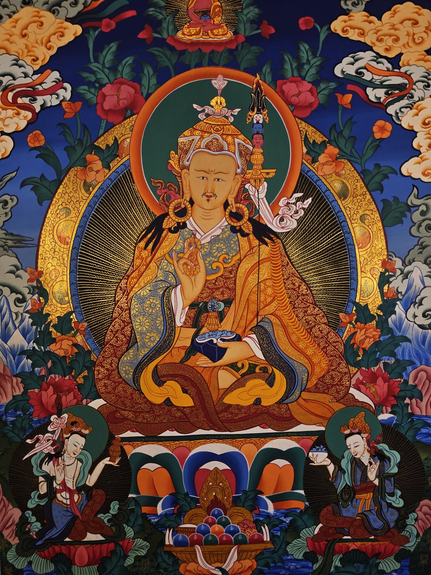 Hand-Painted Guru Rinpoche Thangka | Authentic Padmasambhava Art | Tibetan Meditation Masterpiece Painting