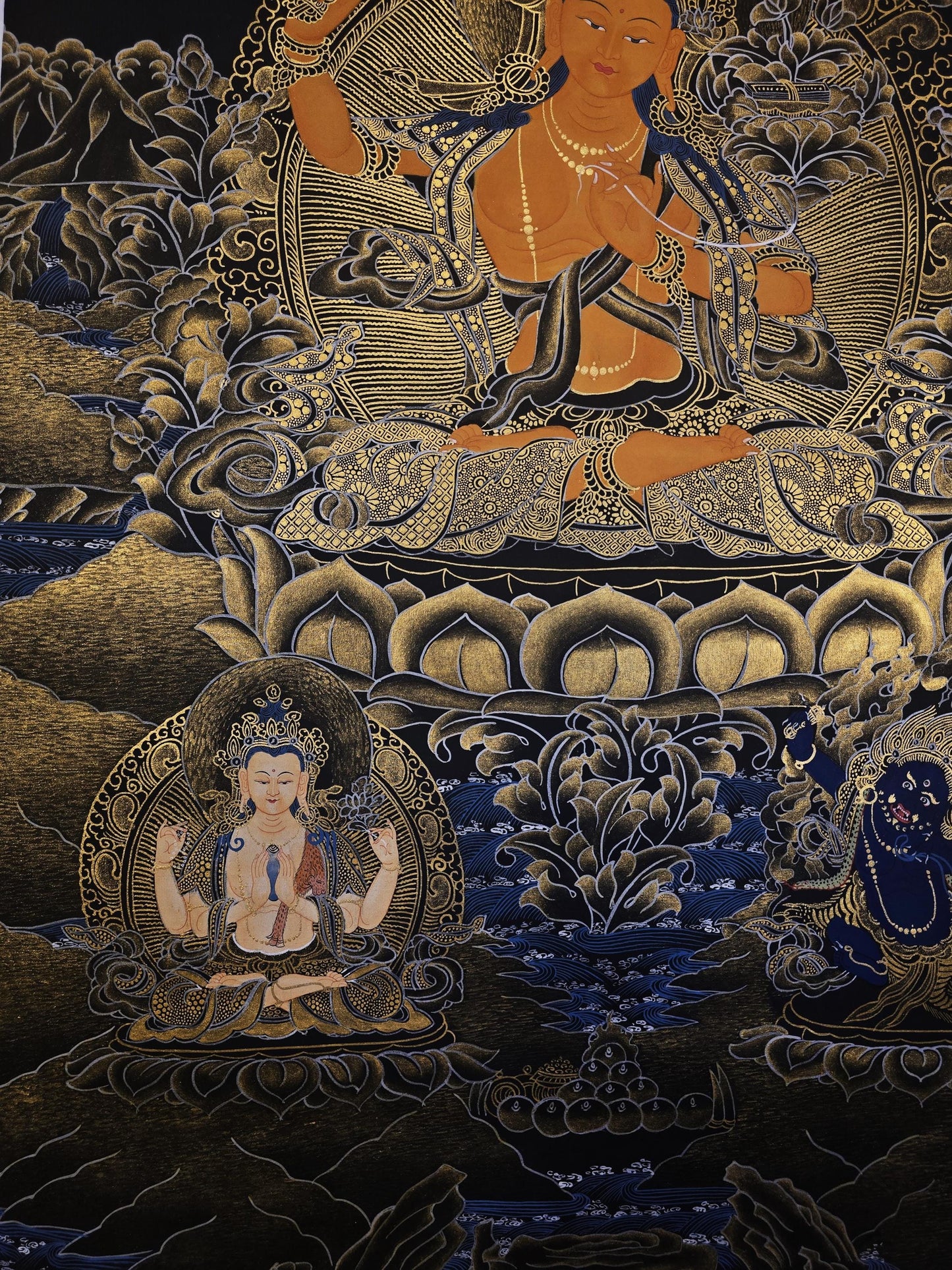 Hand-Painted Manjushri Thangka | 24K Gold Tibetan Buddhist Art
