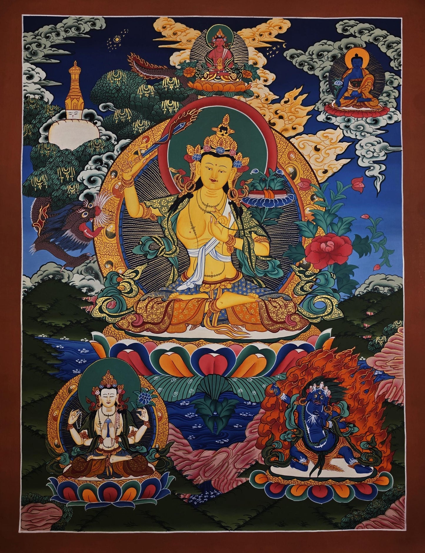 Hand-Painted Manjushri Thangka | Tibetan Buddhist Wisdom Art