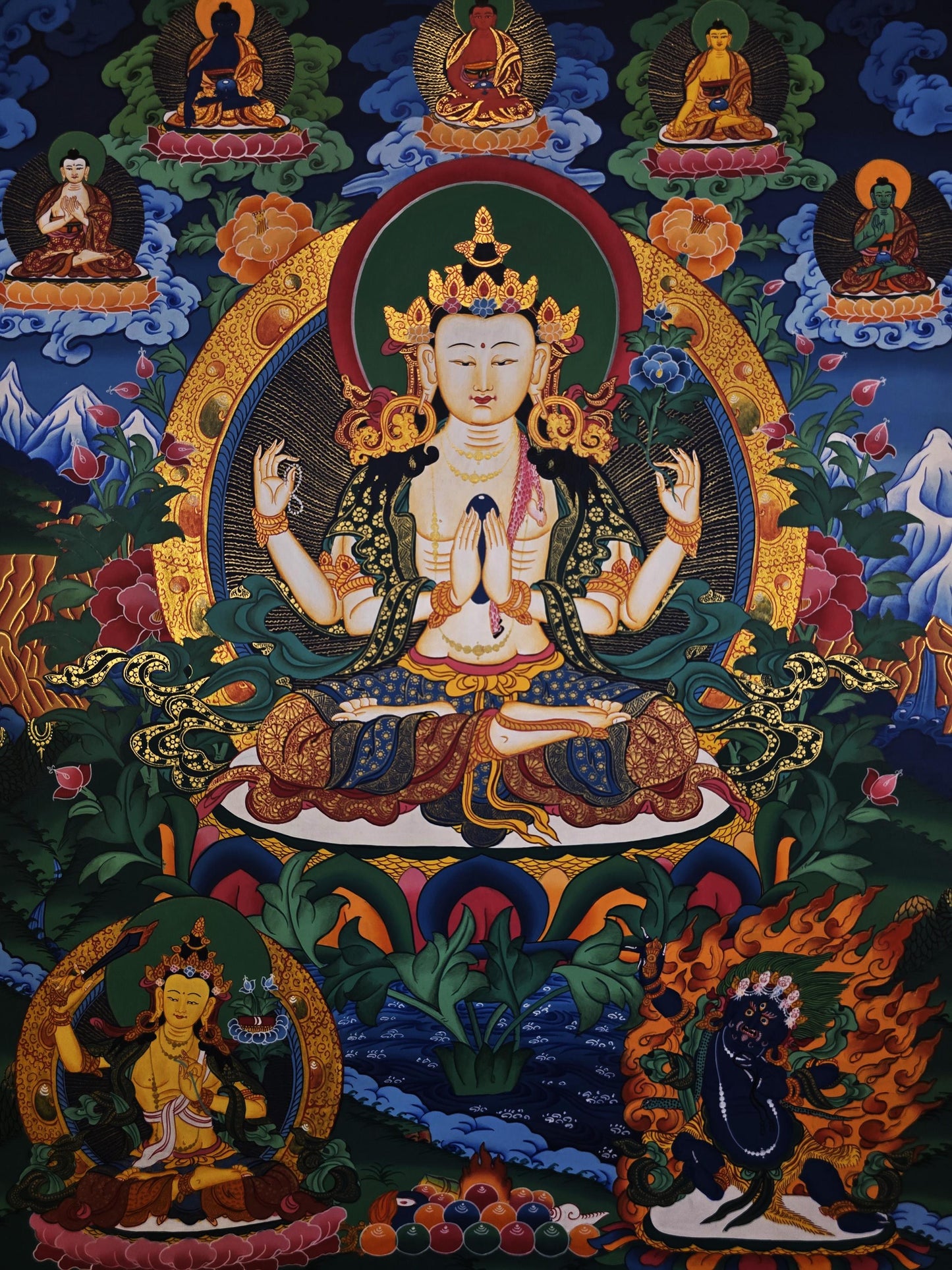 Original Hand-Painted Four-Armed Chenrezig Thangka | Avalokiteshvara Art | Tibetan Buddhist Compassion Wall Art from Nepal