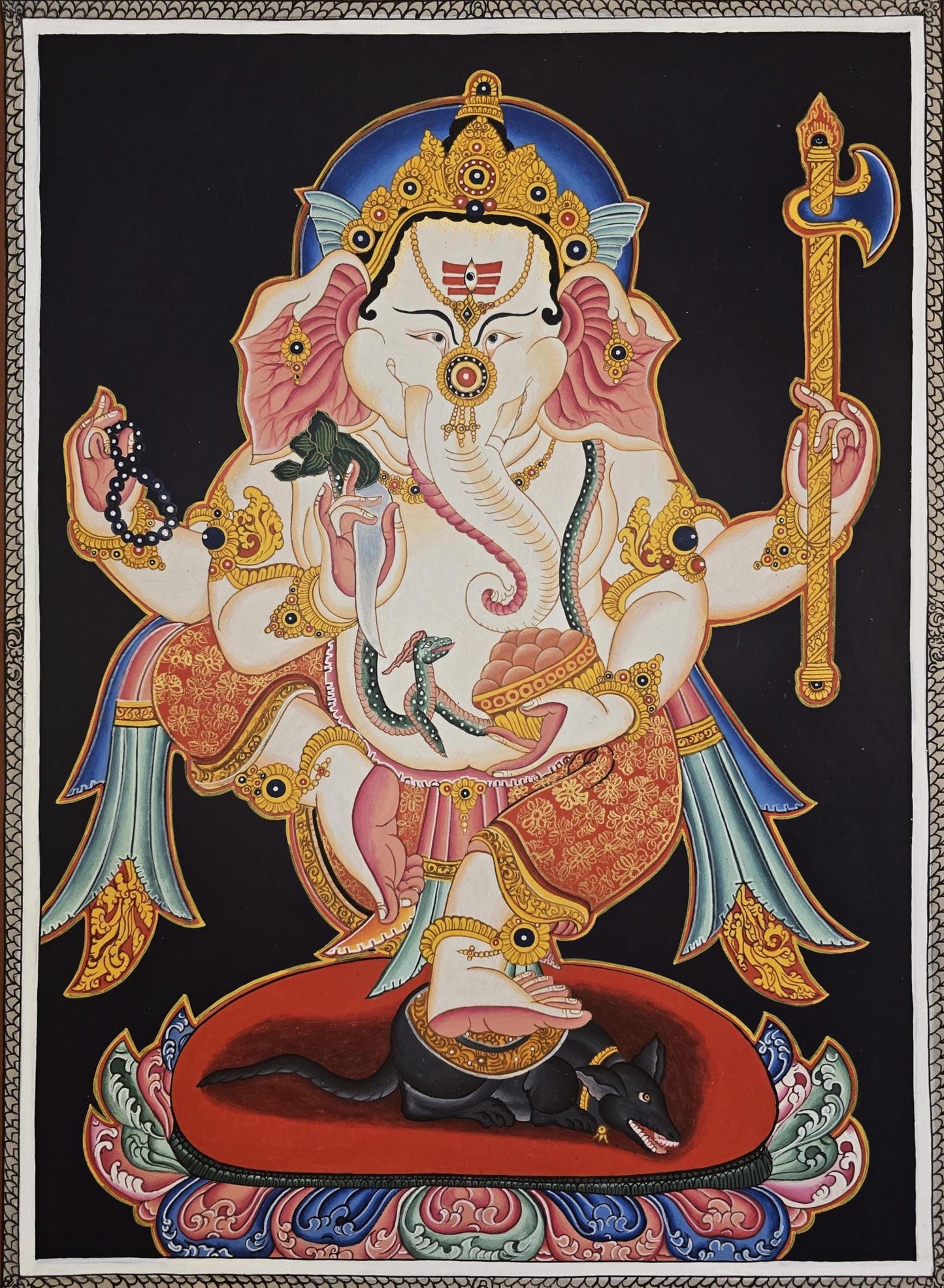 Hand-Painted Ganesha Thangka | Hindu God Art on Cotton Canvas