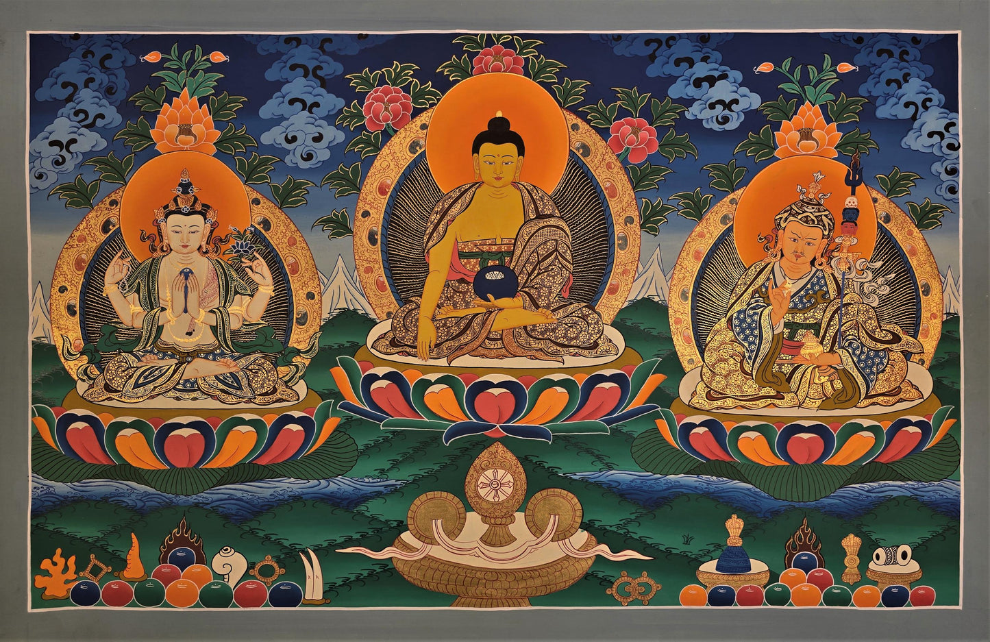 Hand-Painted Triple Deity Thangka, Tibetan Buddhist Art