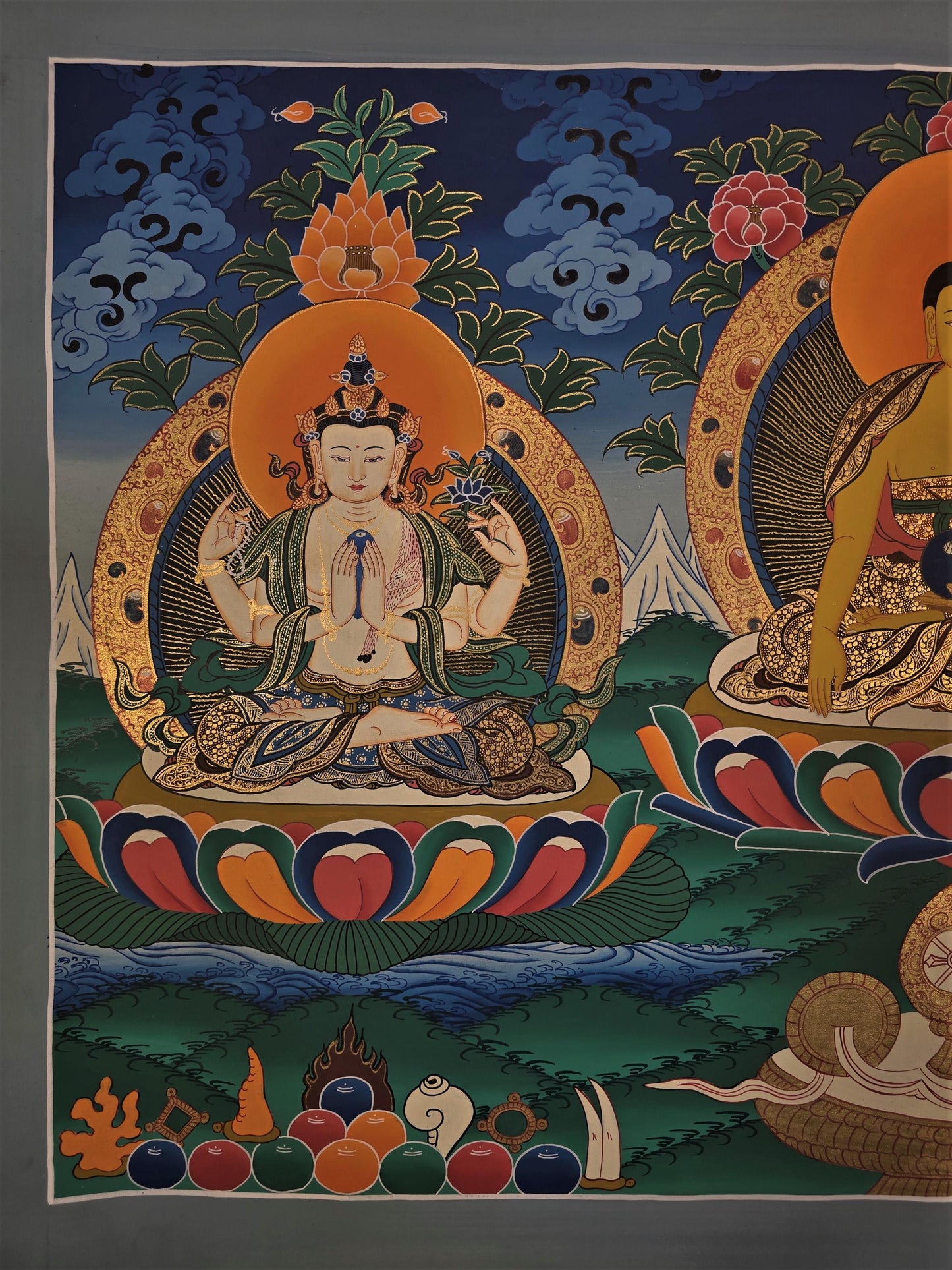 Hand-Painted Triple Deity Thangka, Tibetan Buddhist Art
