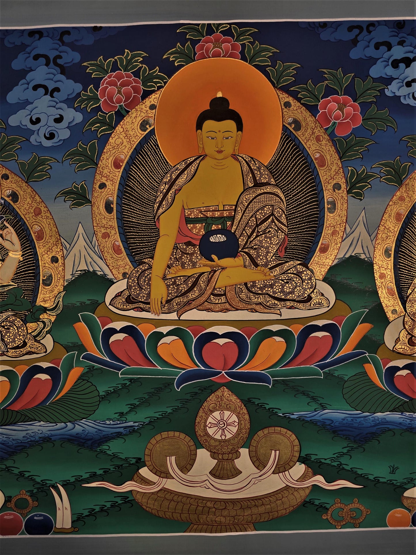 Hand-Painted Triple Deity Thangka, Tibetan Buddhist Art