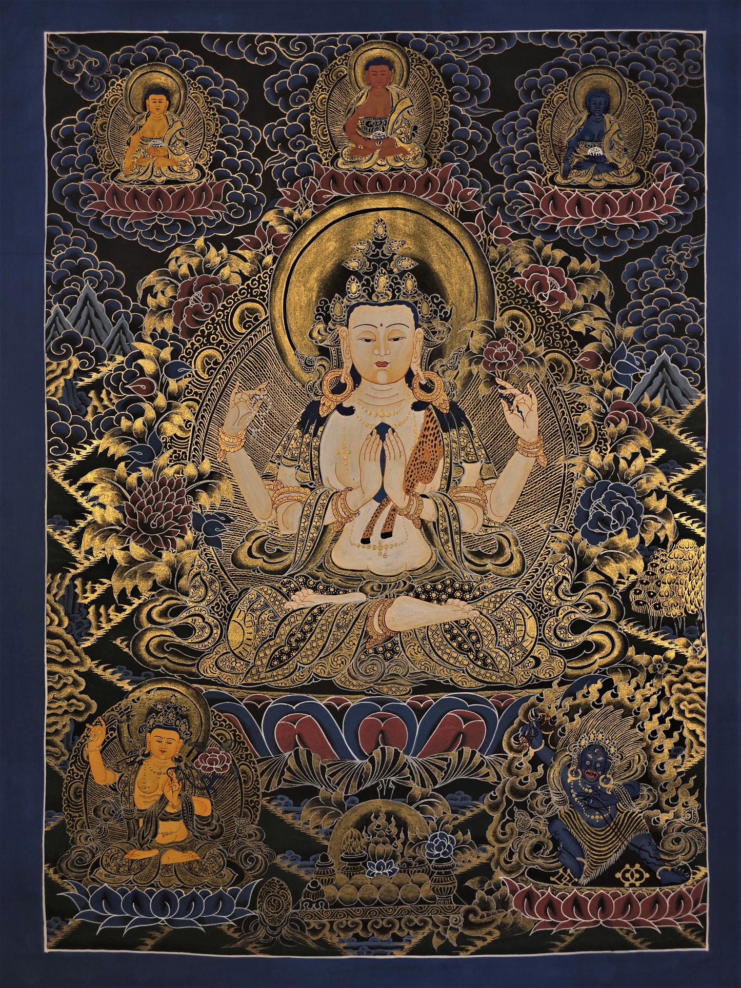 Original Hand-Painted Avalokiteshvara Thangka | Chenrezig Bodhisattva of Compassion | Tibetan Buddhist Art