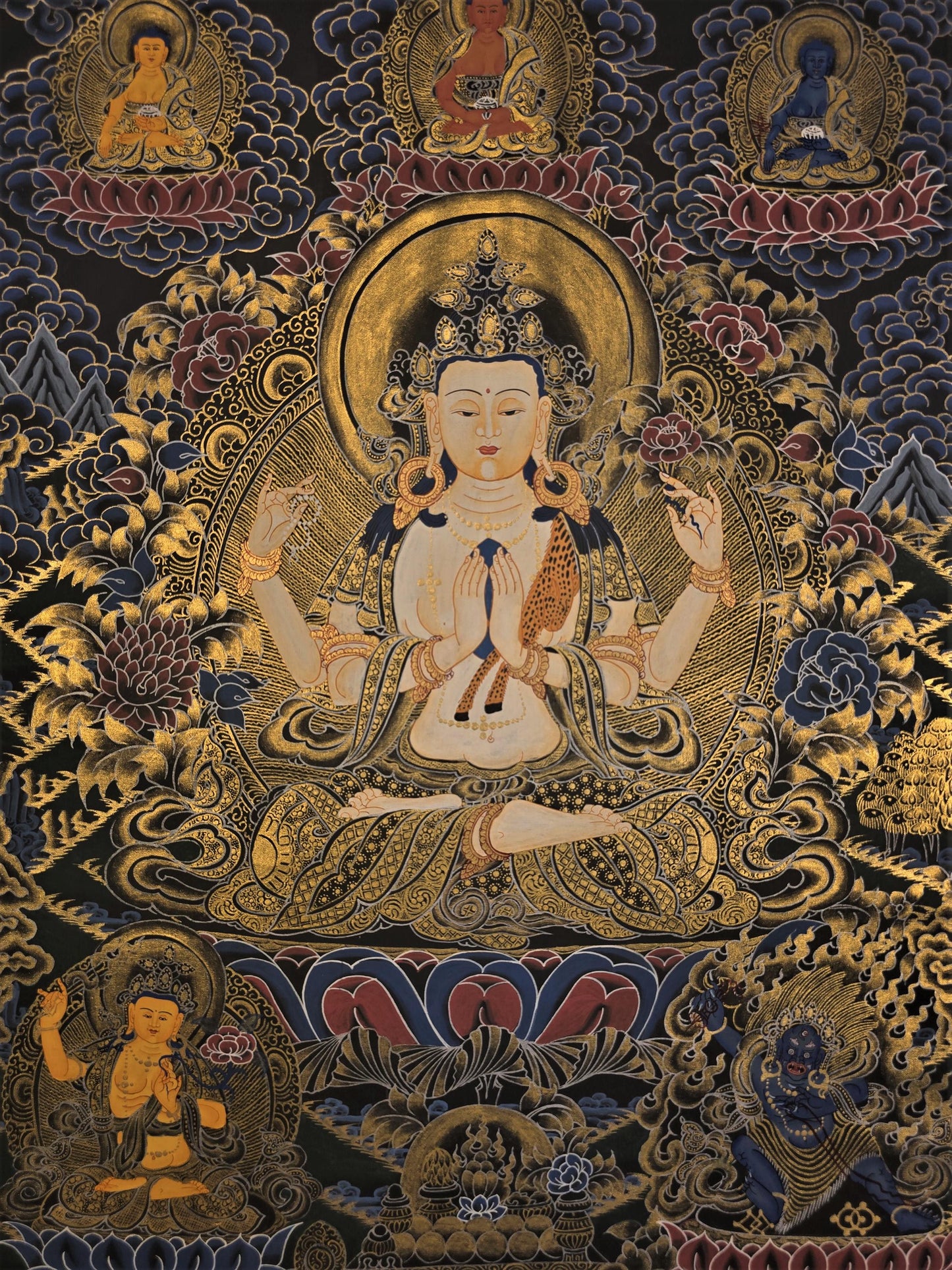 Original Hand-Painted Avalokiteshvara Thangka | Chenrezig Bodhisattva of Compassion | Tibetan Buddhist Art