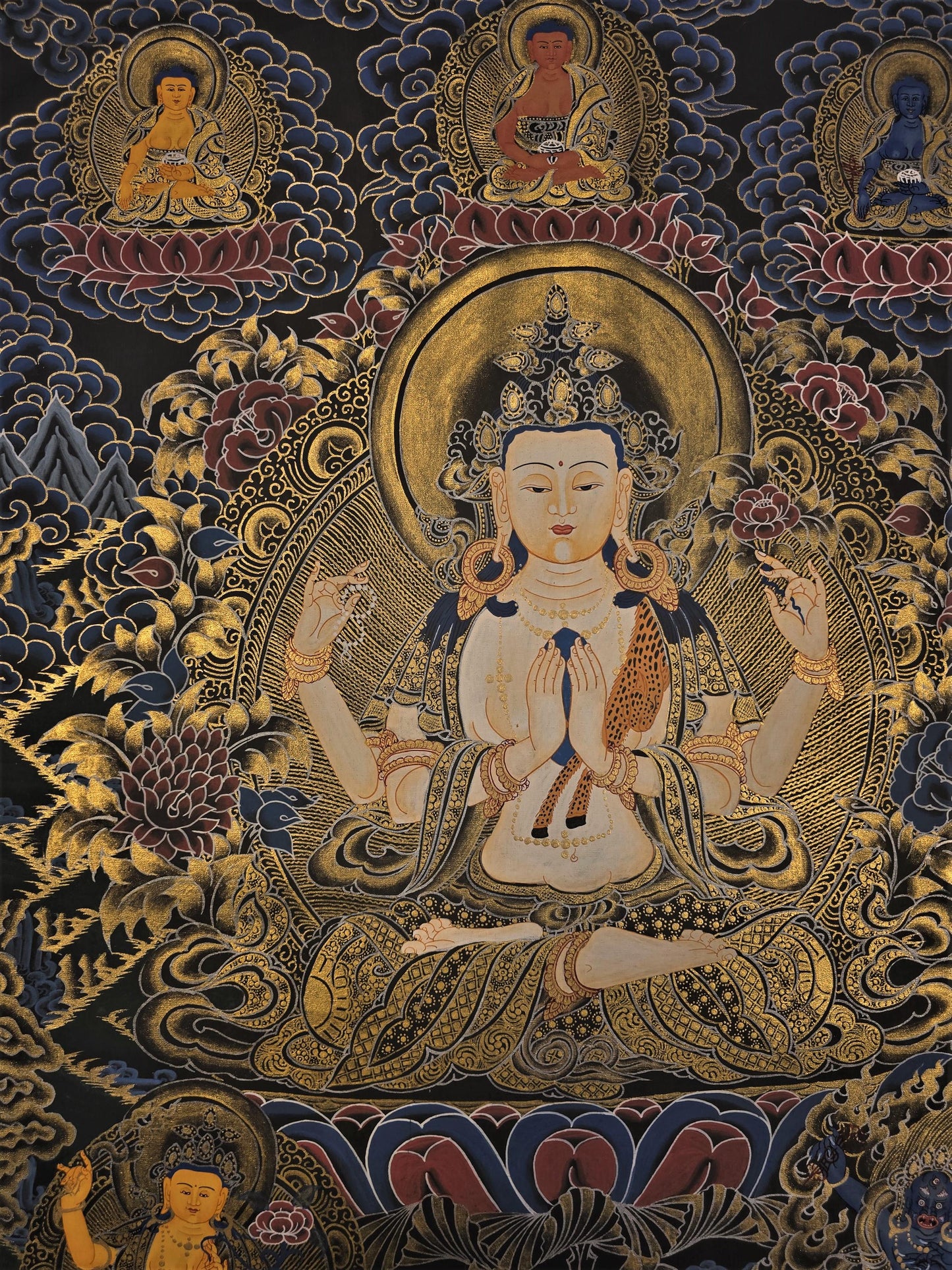 Original Hand-Painted Avalokiteshvara Thangka | Chenrezig Bodhisattva of Compassion | Tibetan Buddhist Art