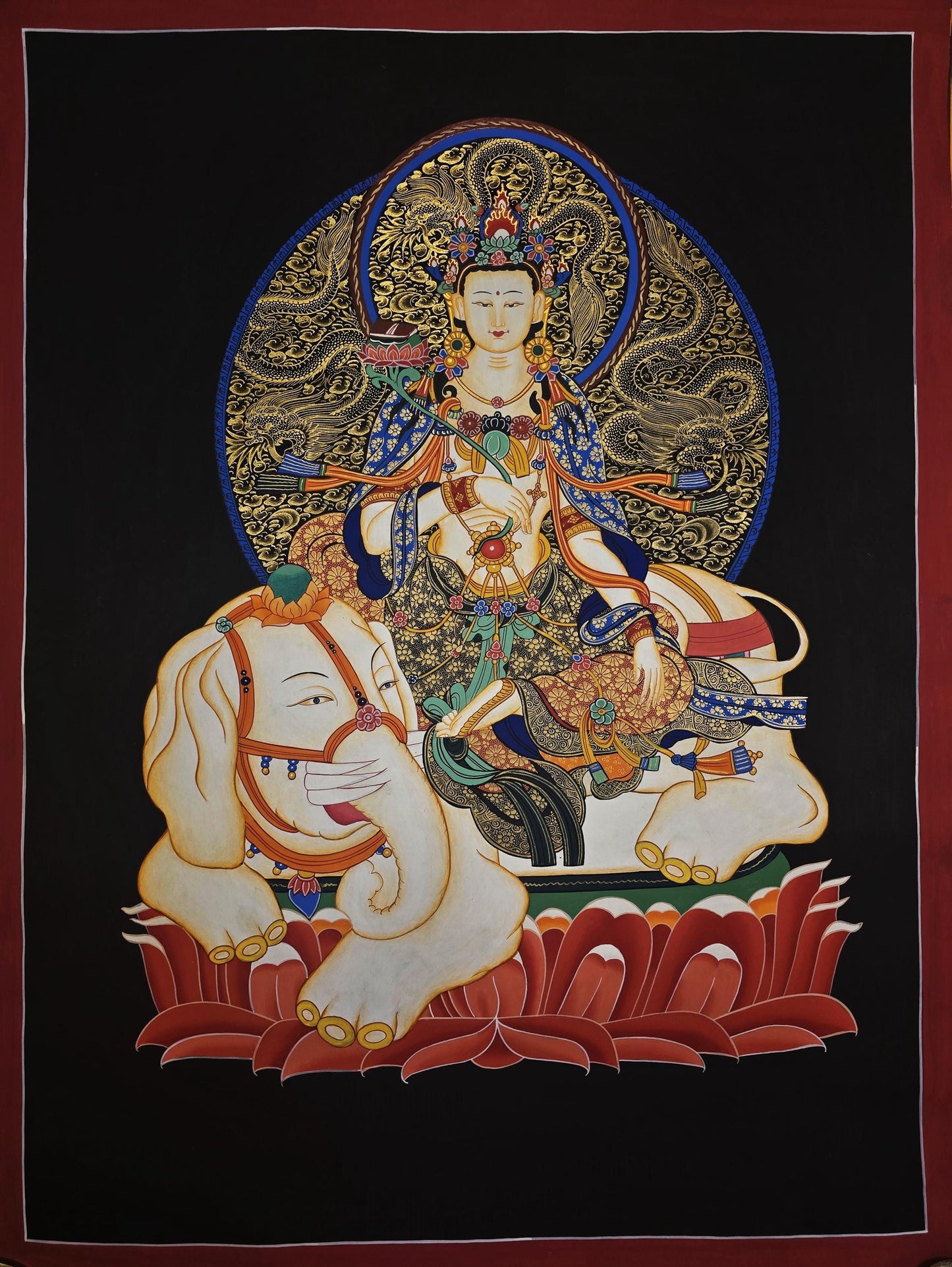 Hand-Painted Samantabhadra Thangka | Bodhisattva on White Elephant