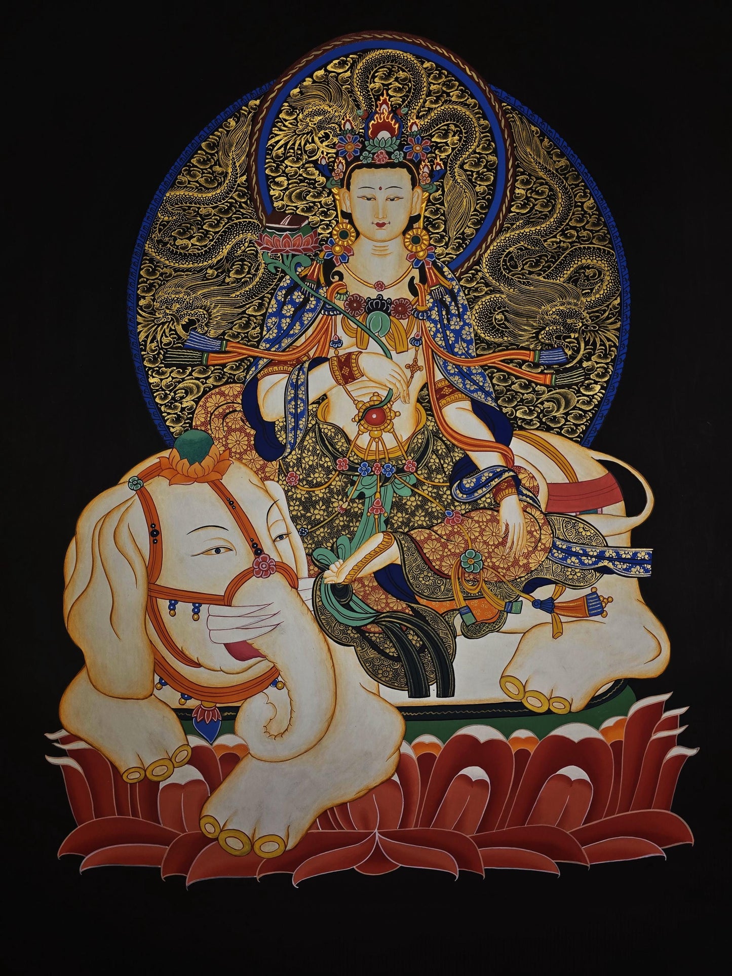 Hand-Painted Samantabhadra Thangka | Bodhisattva on White Elephant
