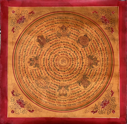Hand-Painted Tibetan Mandala Thangka, Om Mani Padme Hum, Auspicious Symbols
