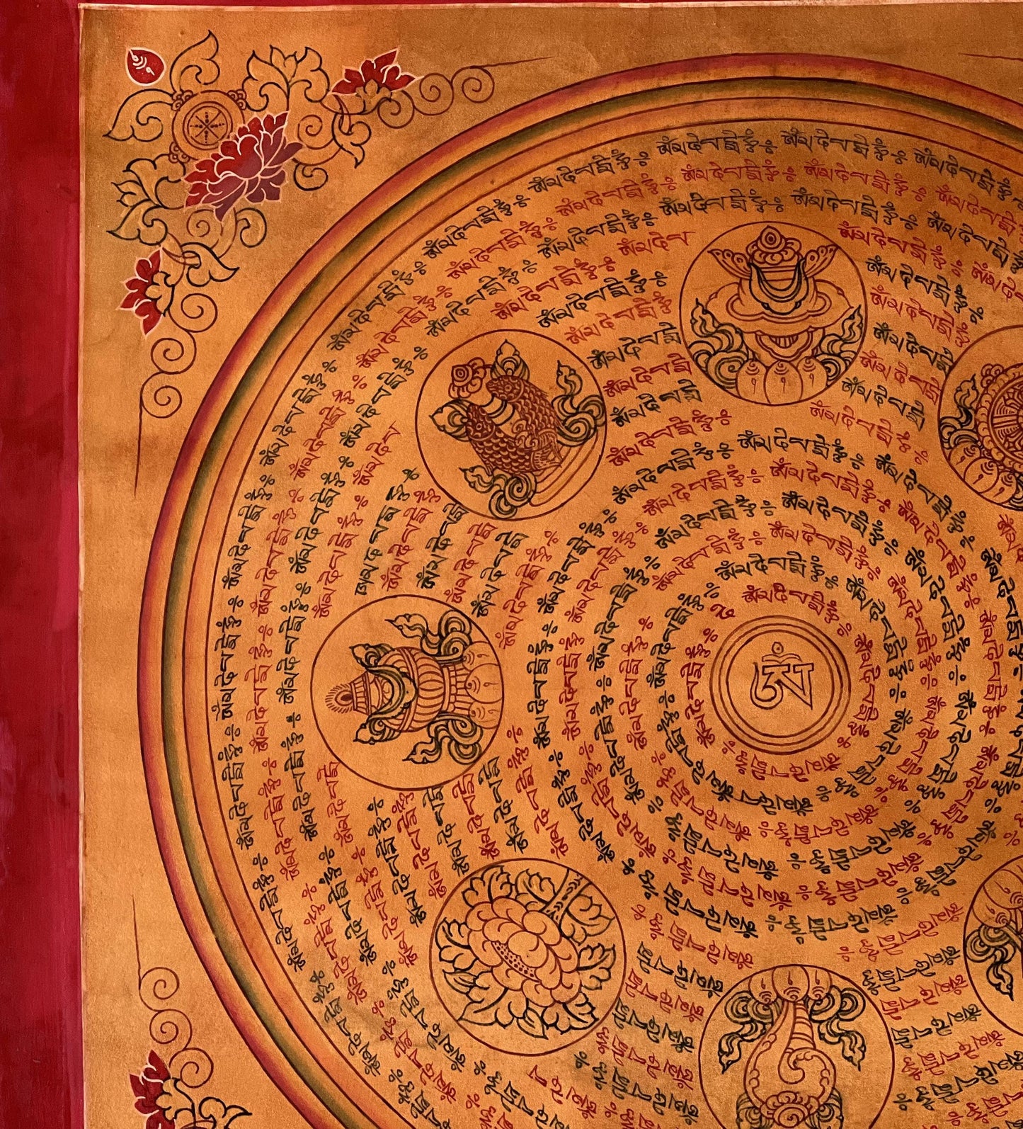 Hand-Painted Tibetan Mandala Thangka, Om Mani Padme Hum, Auspicious Symbols