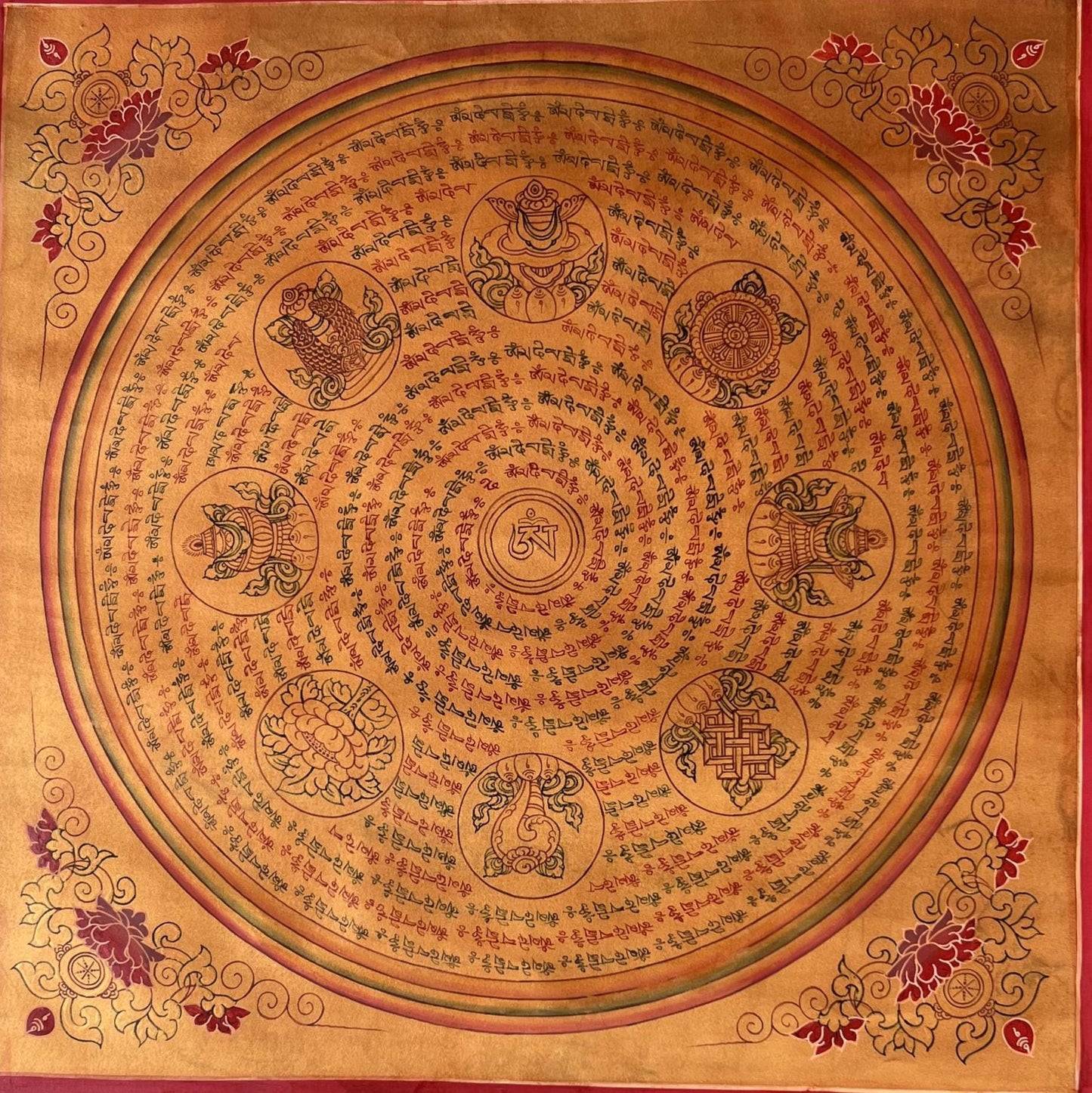 Hand-Painted Tibetan Mandala Thangka, Om Mani Padme Hum, Auspicious Symbols