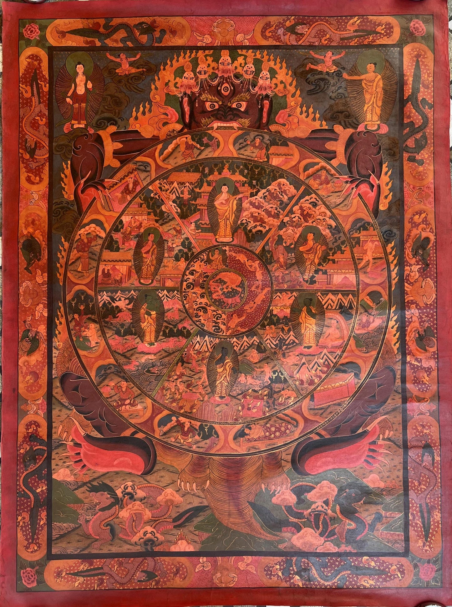 Hand-Painted Wheel of Life Tibetan Thangka | Oil-Varnished Buddhist Mandala Painting