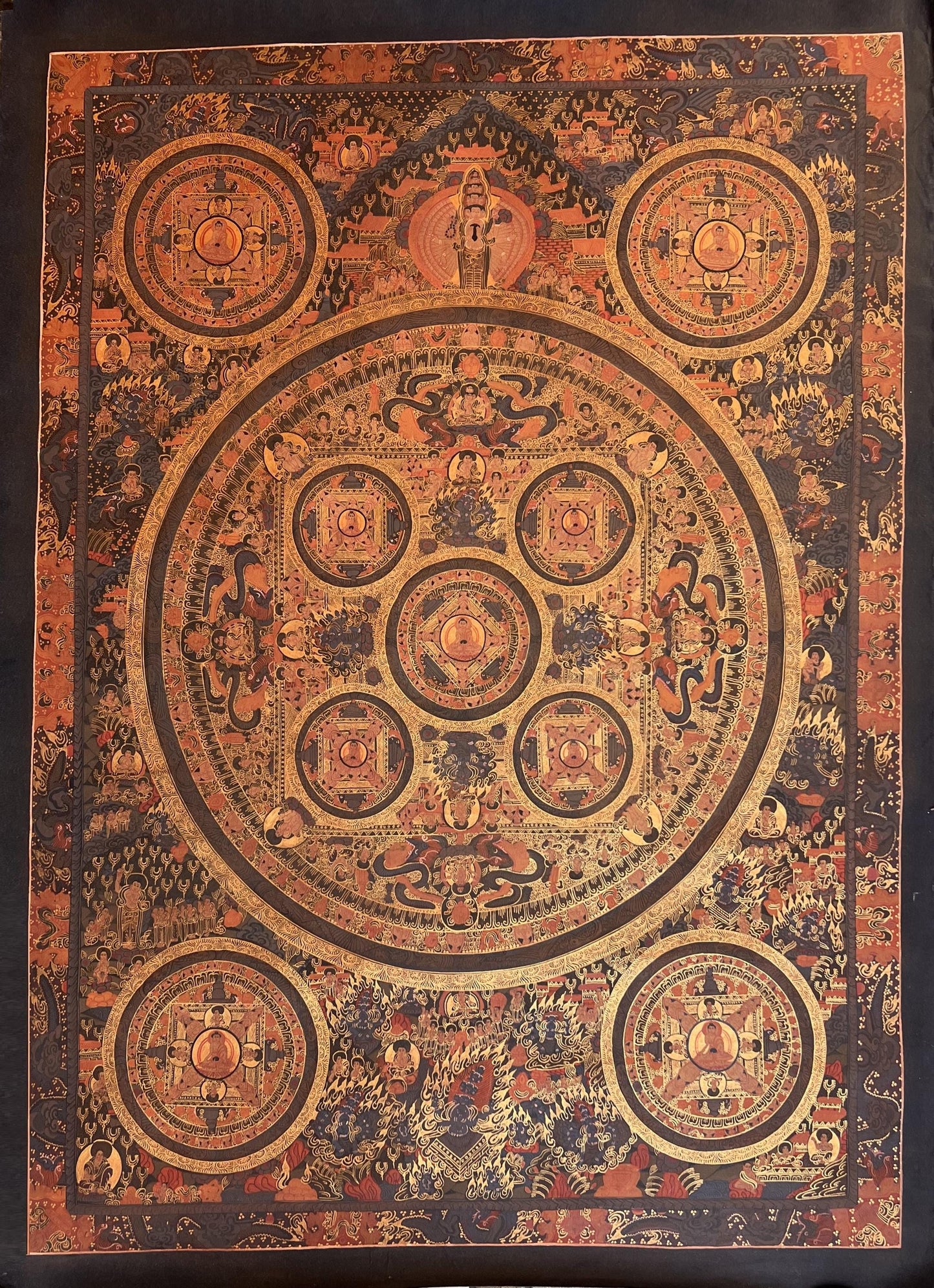 Hand-Painted Pancha Buddha Mandala Thangka | Large Oil-VARNISHED Tibetan Art