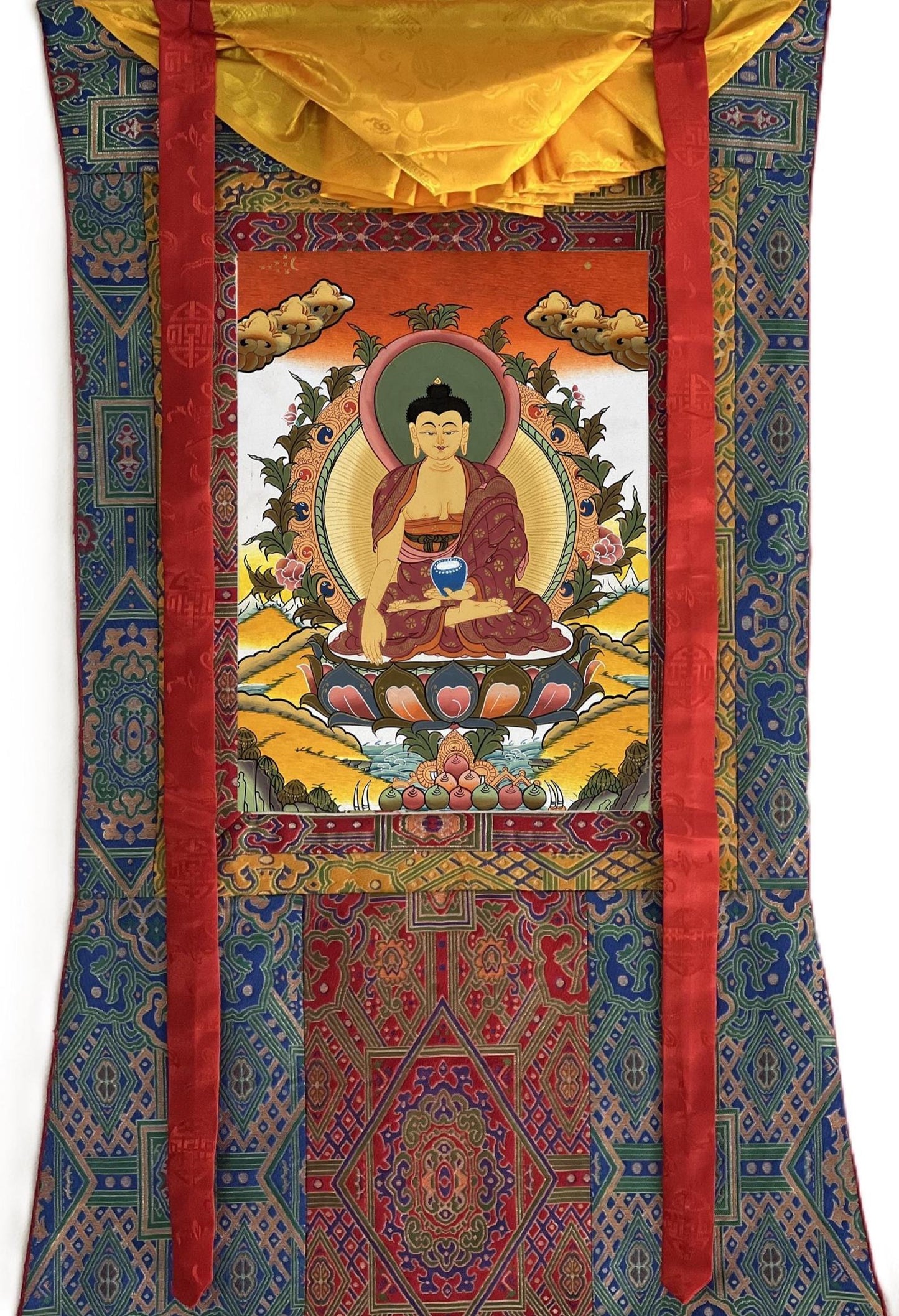 Hand-Painted Shakyamuni Buddha Thangka | Tibetan Silk Brocade Art