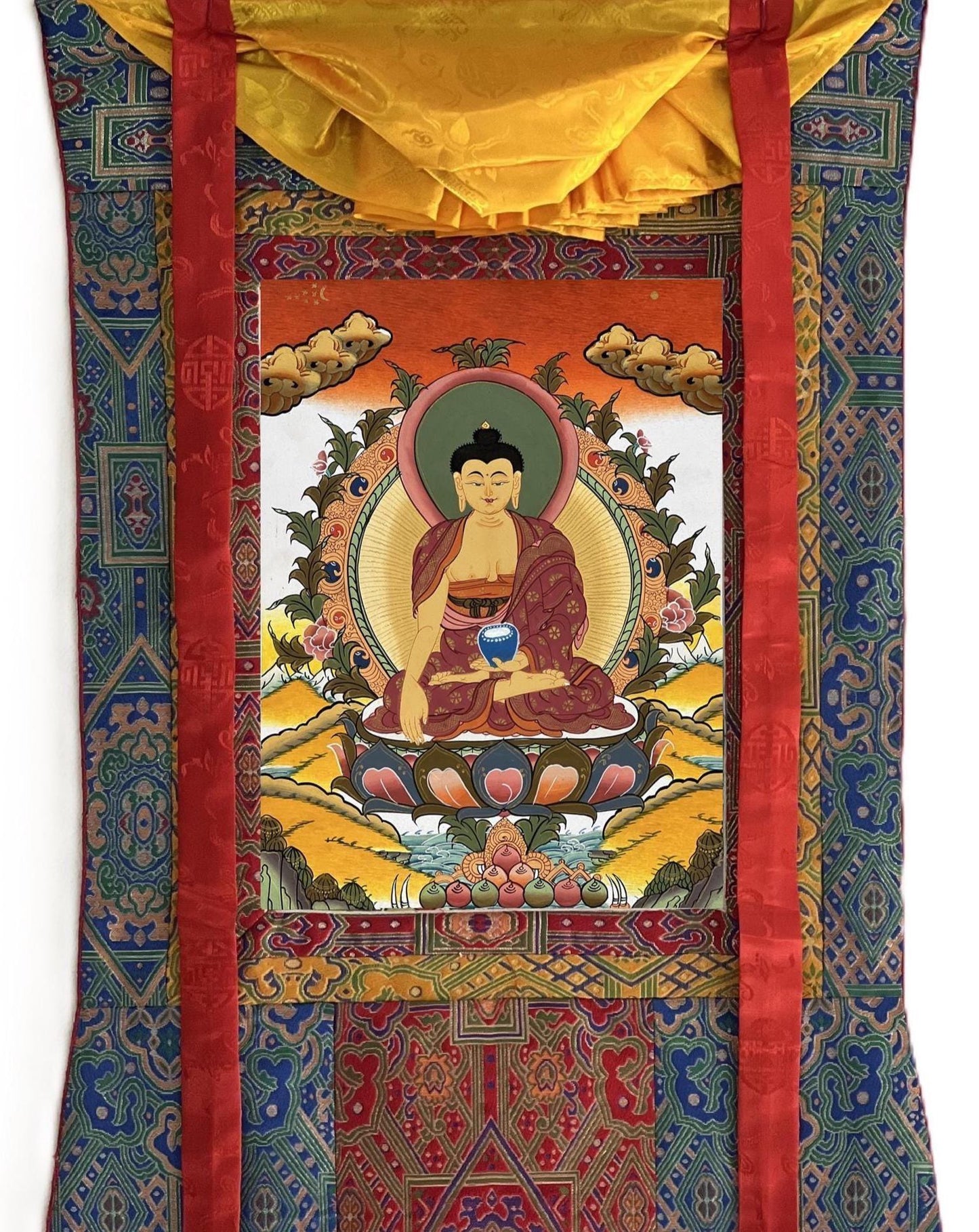 Hand-Painted Shakyamuni Buddha Thangka | Tibetan Silk Brocade Art