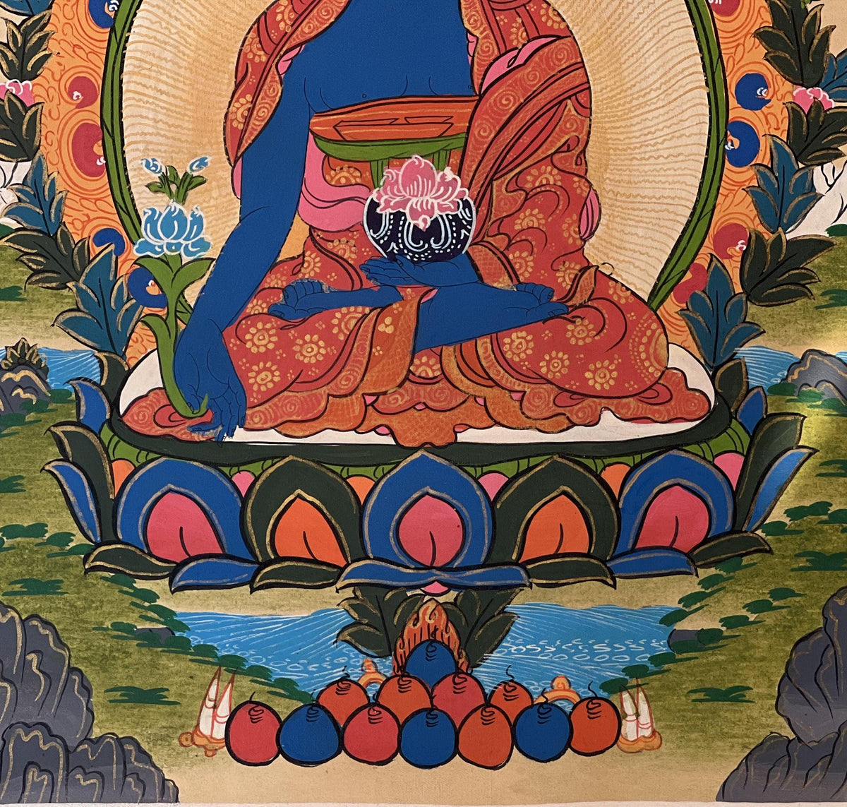 Medicine Buddha Thangka | Hand-Painted Tibetan Healing Art with Silk Brocade