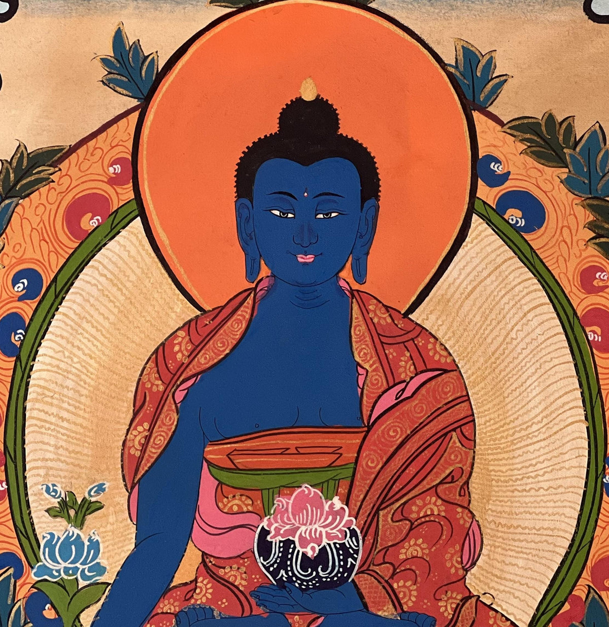 Medicine Buddha Thangka | Hand-Painted Tibetan Healing Art with Silk Brocade