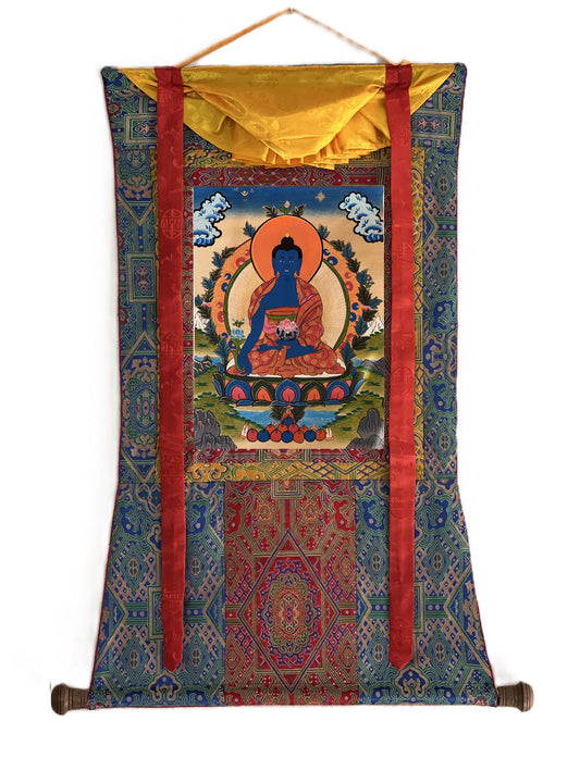Medicine Buddha Thangka | Hand-Painted Tibetan Healing Art with Silk Brocade