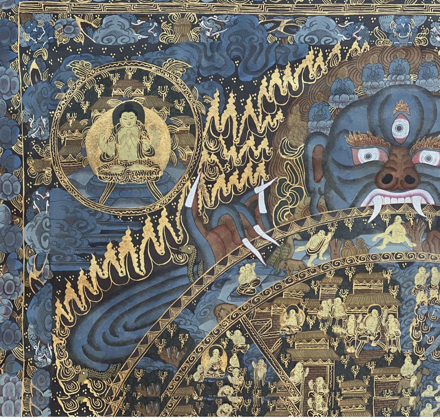 Large Wheel of Life Thangka Painting | Hand-Painted Bhavacakra Samsara Mandala Art