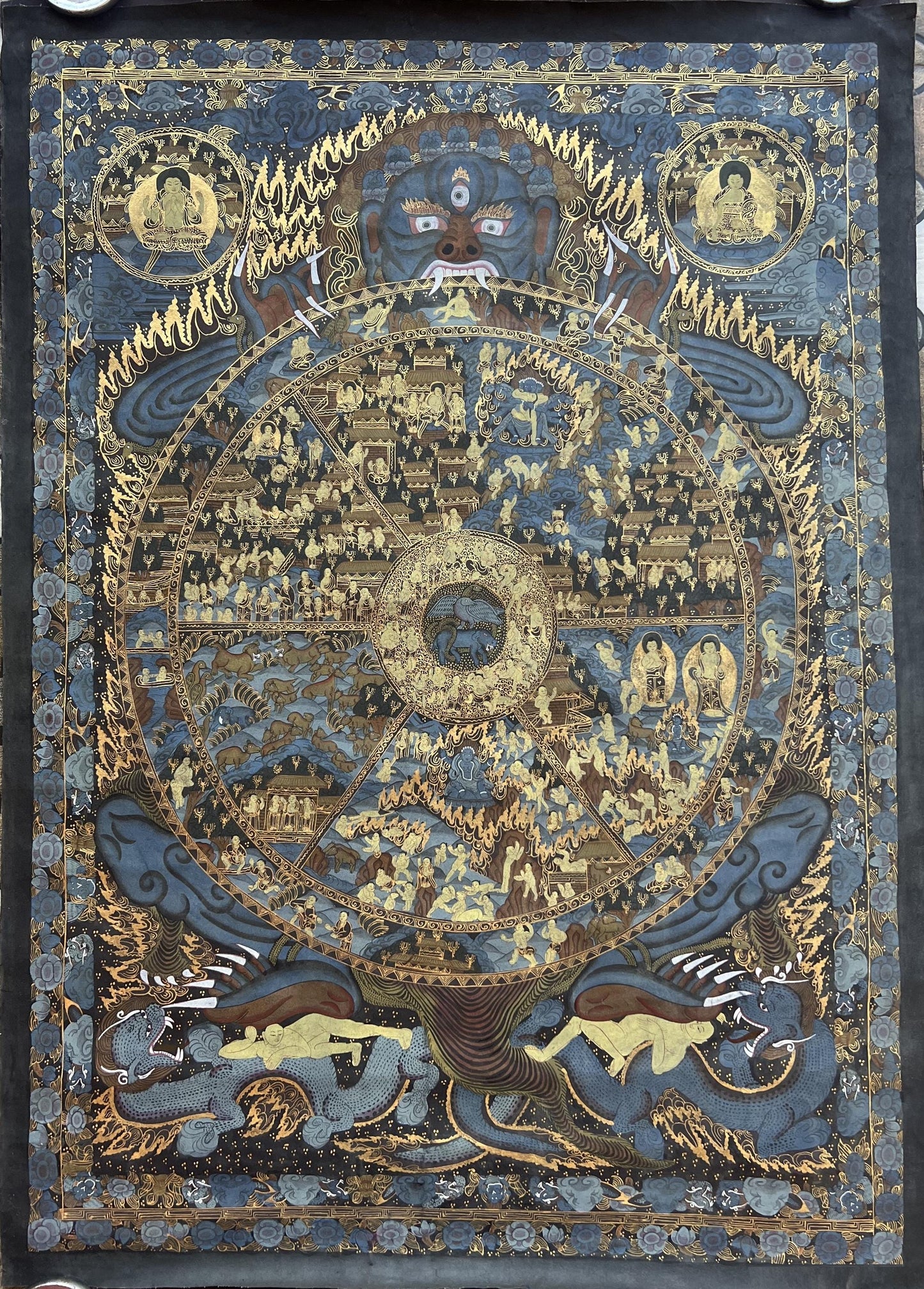 Large Wheel of Life Thangka Painting | Hand-Painted Bhavacakra Samsara Mandala Art