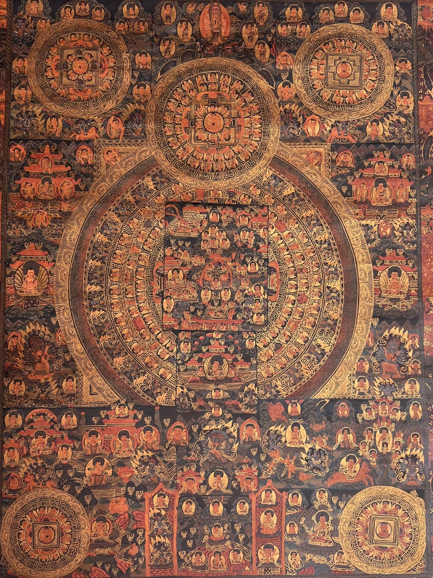 Hand-Painted Pancha Buddha Mandala Large Thangka Painting | Oil-Varnished Tibetan Art
