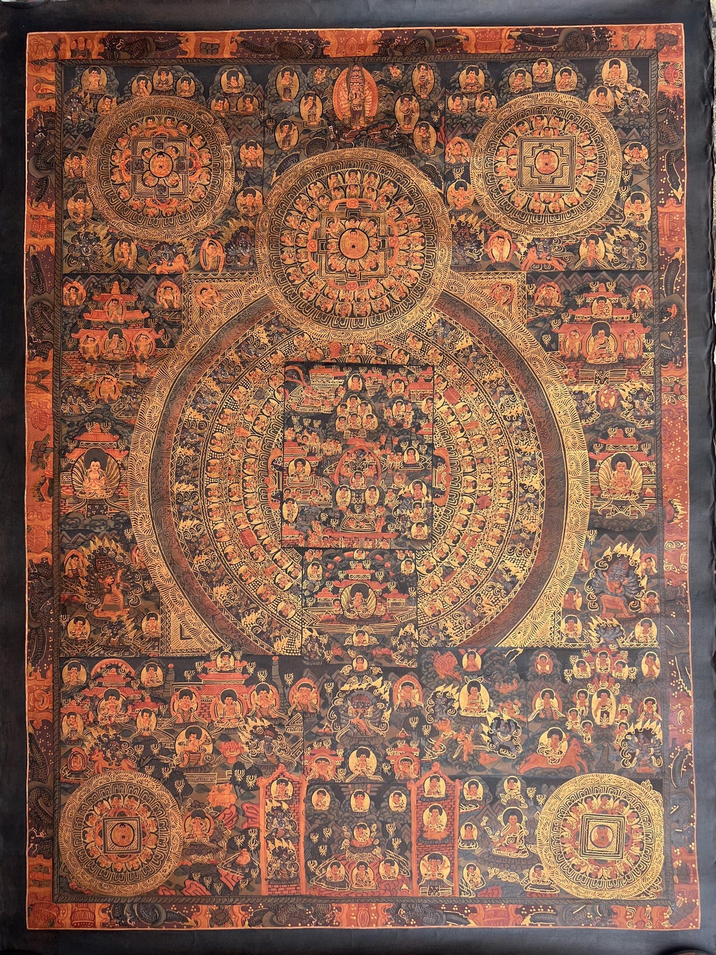 Hand-Painted Pancha Buddha Mandala Large Thangka Painting | Oil-Varnished Tibetan Art
