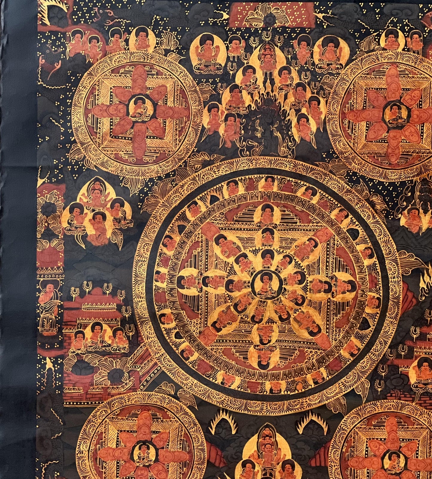 Semi-Old Oil Varnished Big Circle Buddha Life Mandala Thangka | Bhavacakra Mandala | Tibetan Buddhist Art