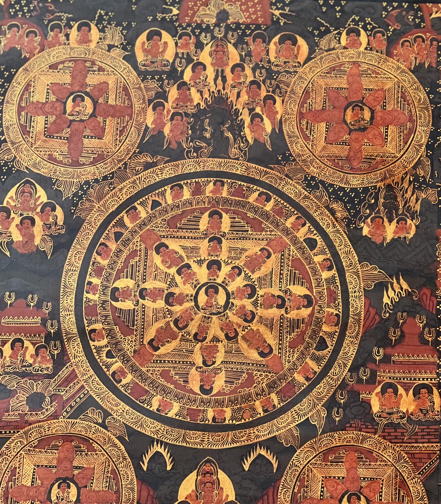 Semi-Old Oil Varnished Big Circle Buddha Life Mandala Thangka | Bhavacakra Mandala | Tibetan Buddhist Art