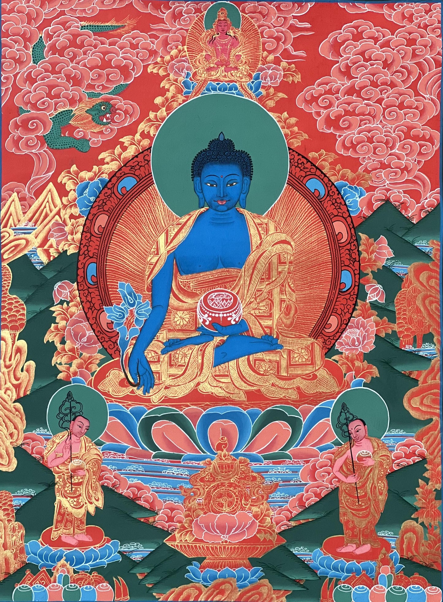 Medicine Buddha Thangka Painting – Handmade Tibetan Healing Art, Silk Brocade Option