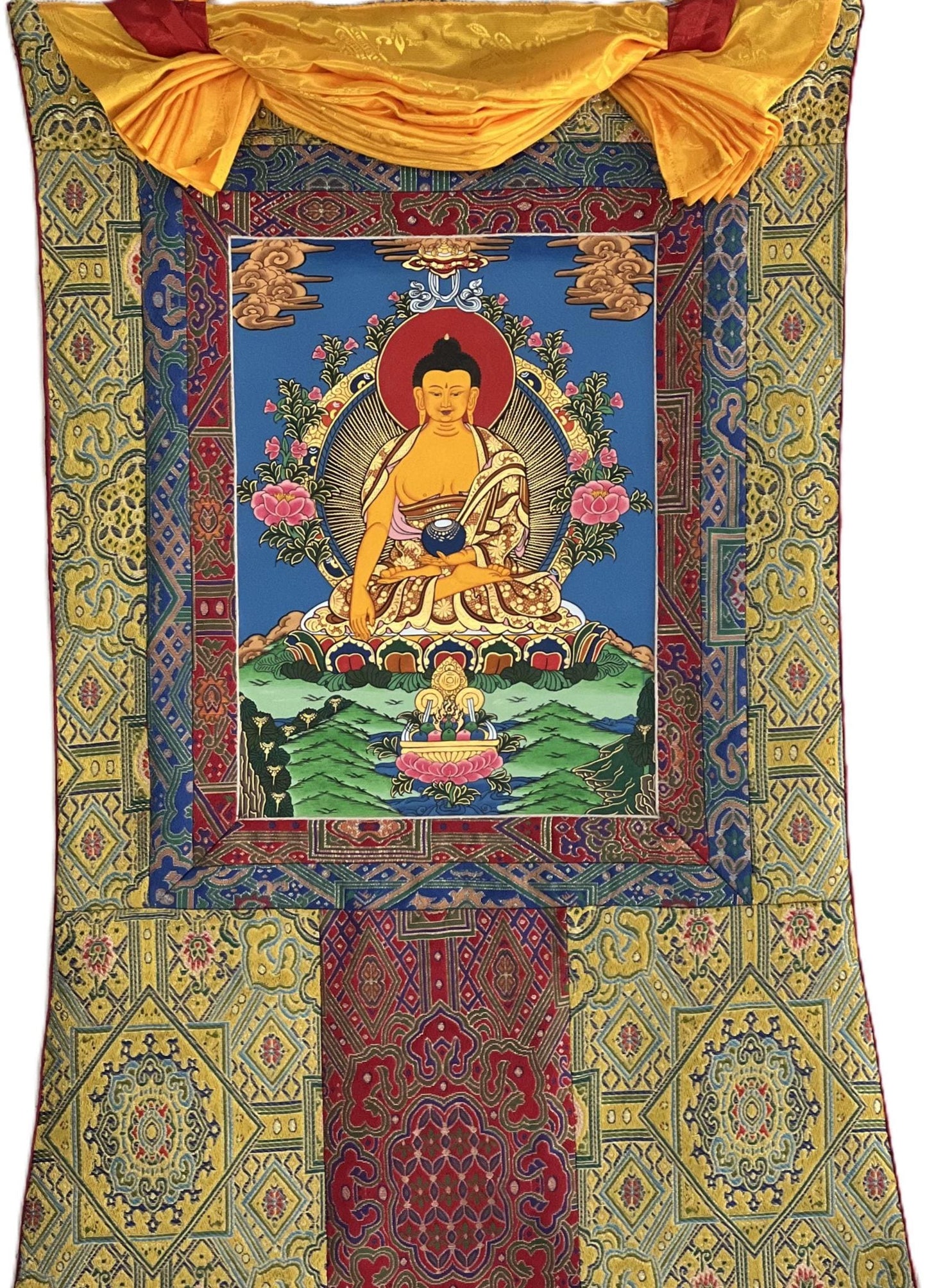 Original Hand-Painted Shakyamuni Buddha Thangka | Gautama Buddha | Tibetan Buddhist Art with Silk Brocade