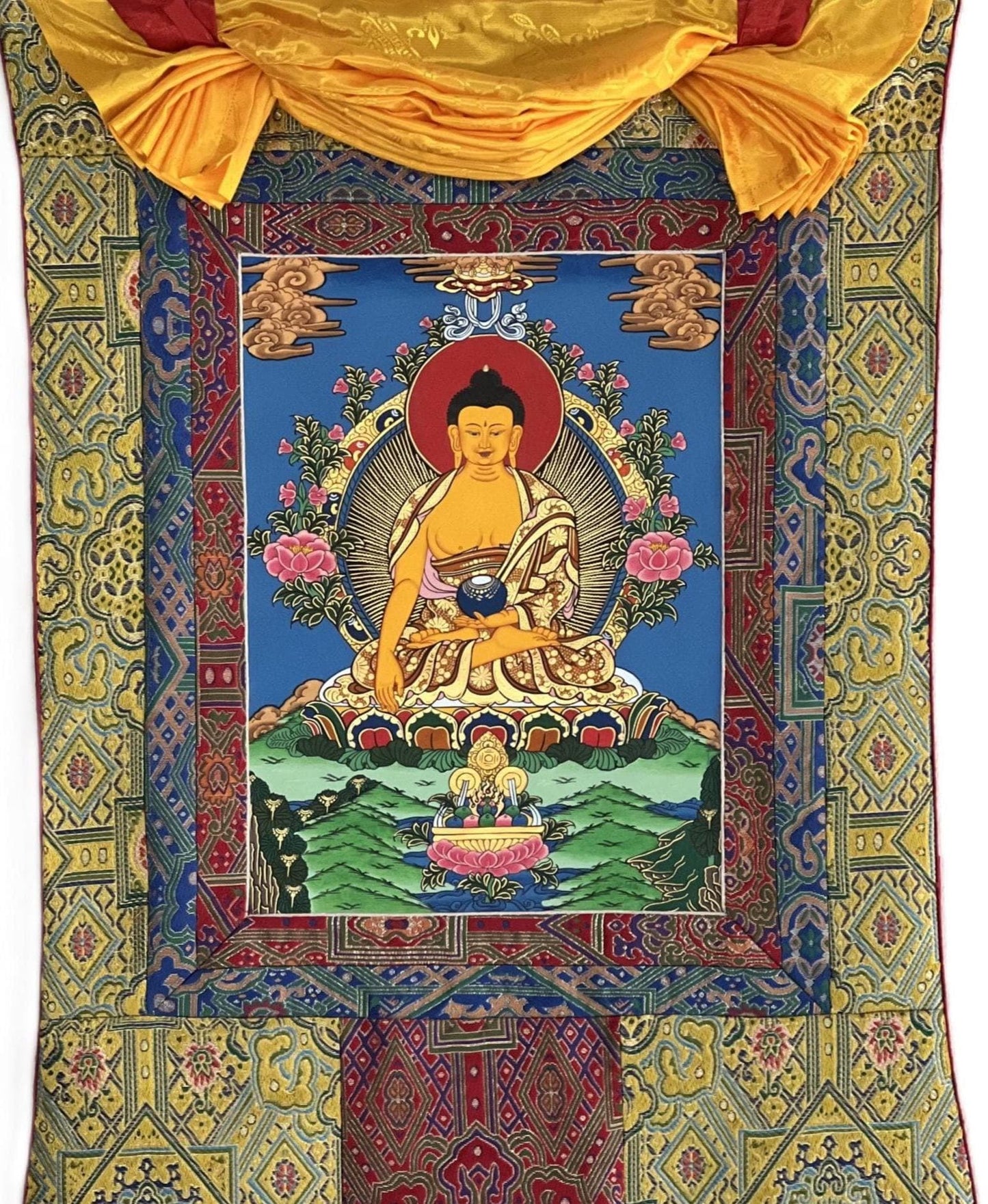 Original Hand-Painted Shakyamuni Buddha Thangka | Gautama Buddha | Tibetan Buddhist Art with Silk Brocade