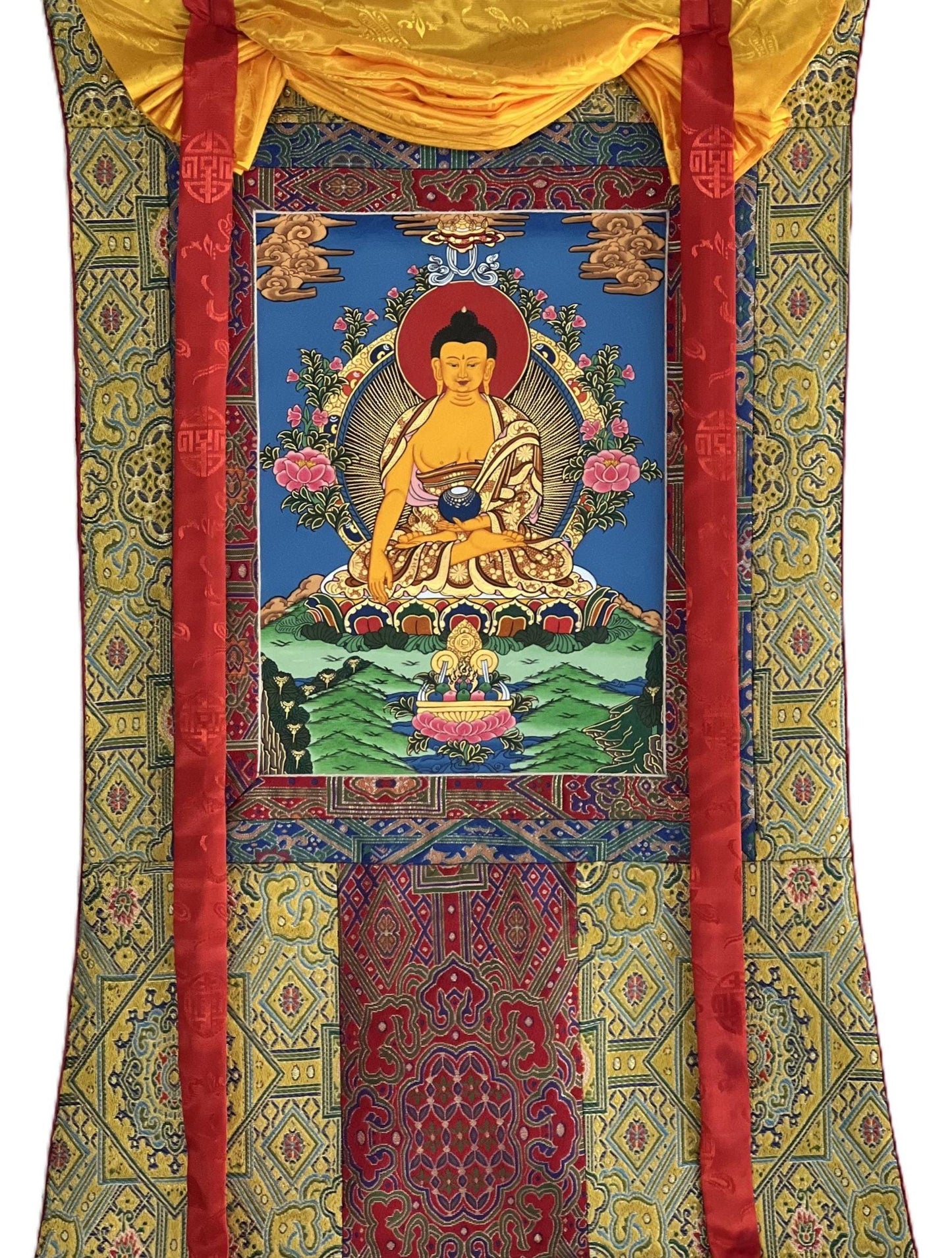 Original Hand-Painted Shakyamuni Buddha Thangka | Gautama Buddha | Tibetan Buddhist Art with Silk Brocade