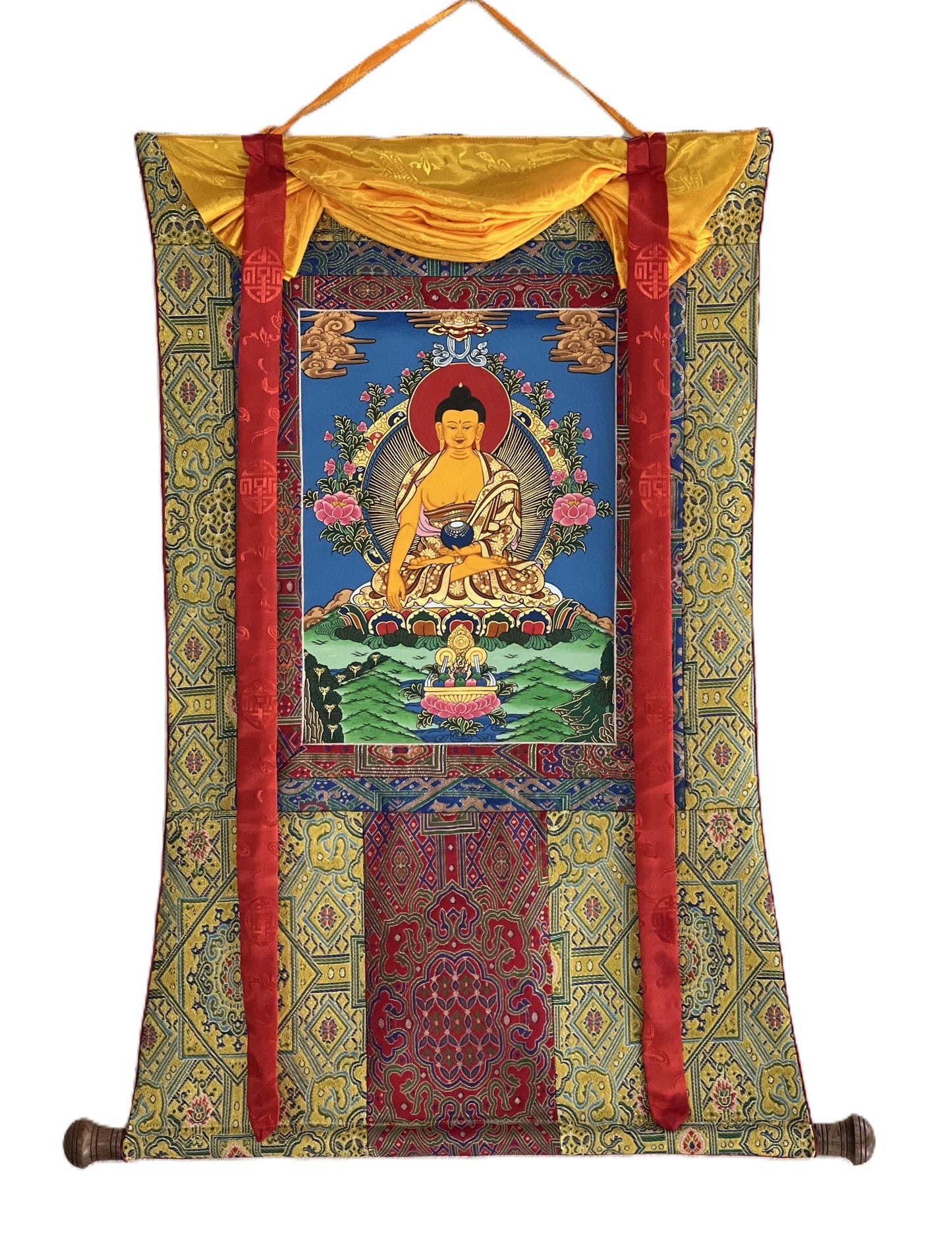 Original Hand-Painted Shakyamuni Buddha Thangka | Gautama Buddha | Tibetan Buddhist Art with Silk Brocade