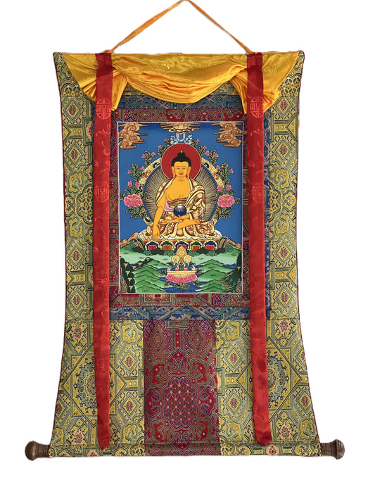 Original Hand-Painted Shakyamuni Buddha Thangka | Gautama Buddha | Tibetan Buddhist Art with Silk Brocade