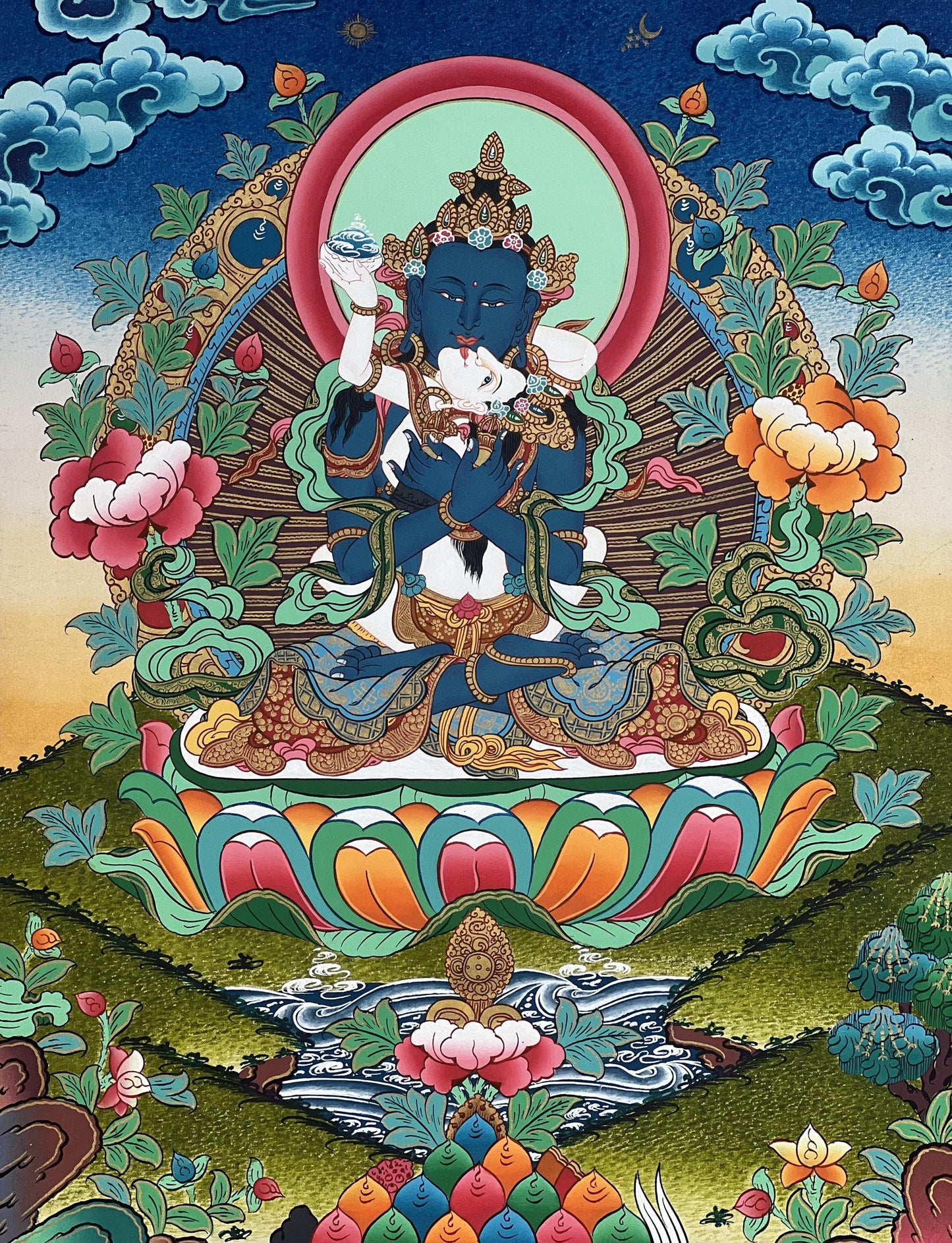 Vajradhara & Prajnaparamita Yab-Yum Thangka - Tibetan Buddhist Art with Silk Brocade | Primordial Buddha Embrace Painting